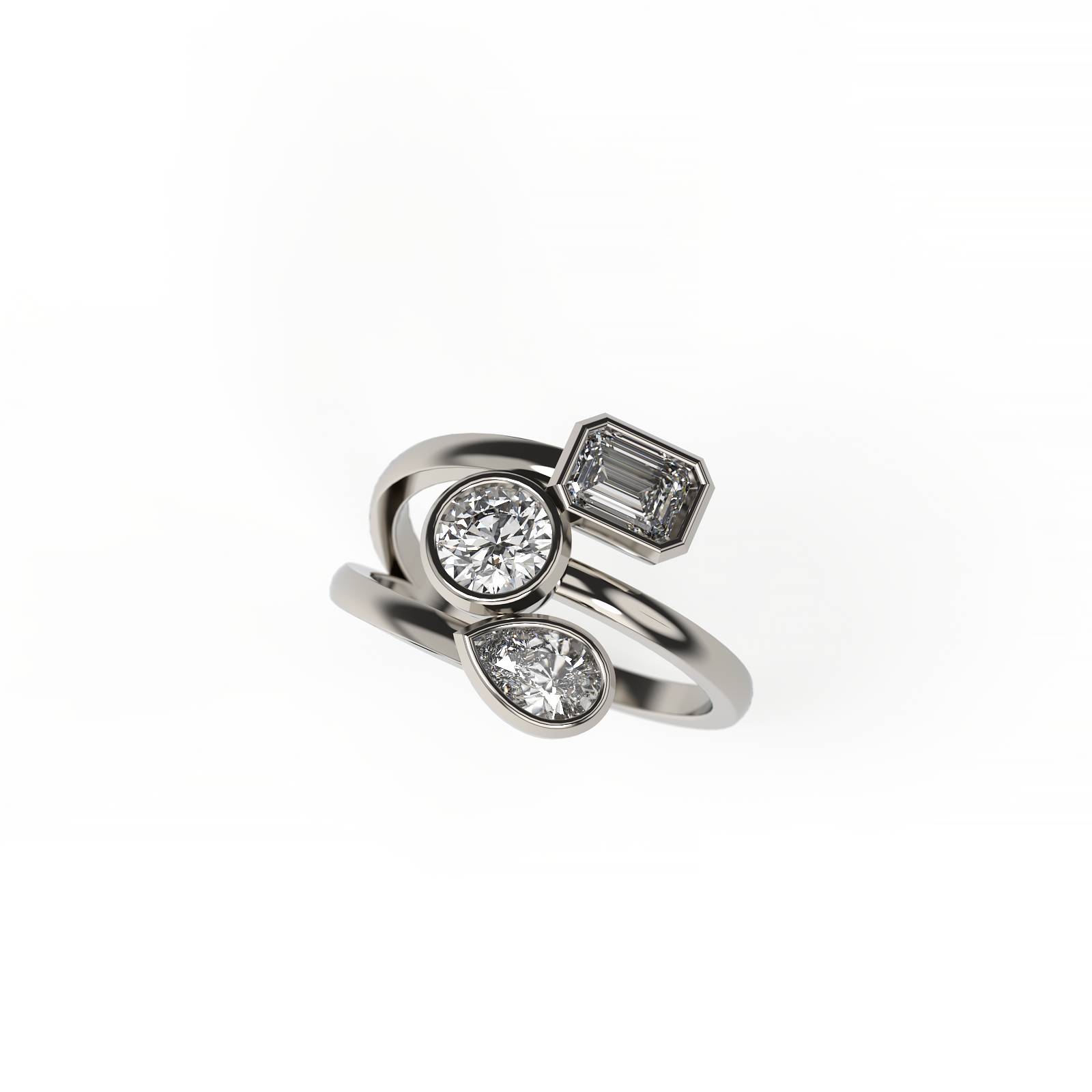3 Diamond Ring – Emerald, Pear & Round Cuts