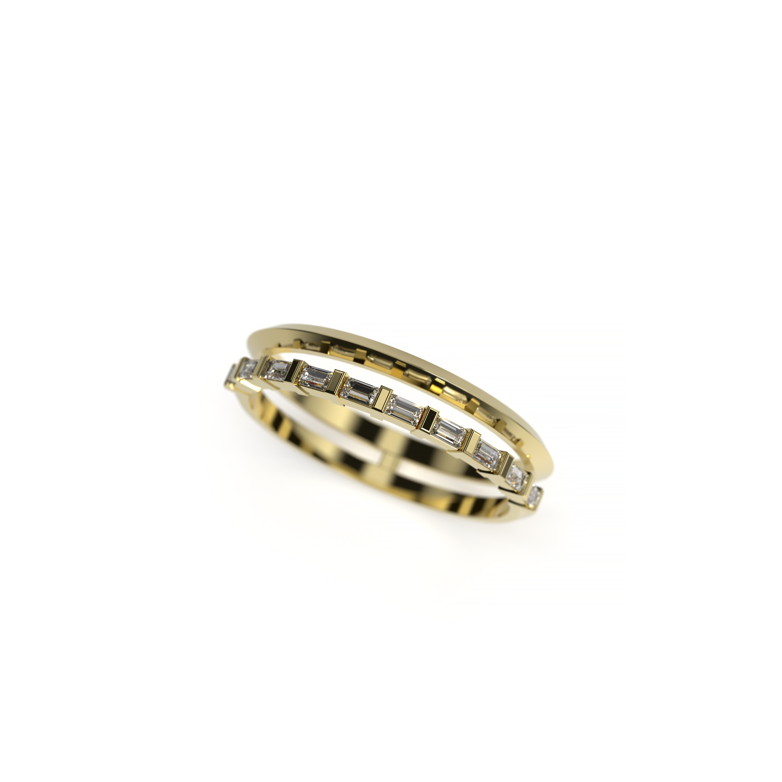 Elegant side profile of a modern baguette diamond ring with two thin white gold bands and precision-set stones.