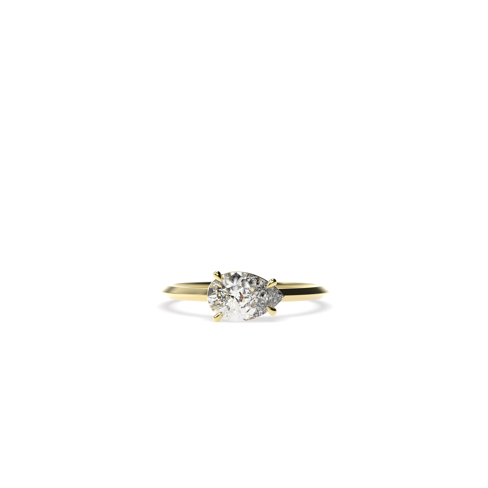 East-west pear-shaped diamond engagement ring in yellow gold, centered top view
