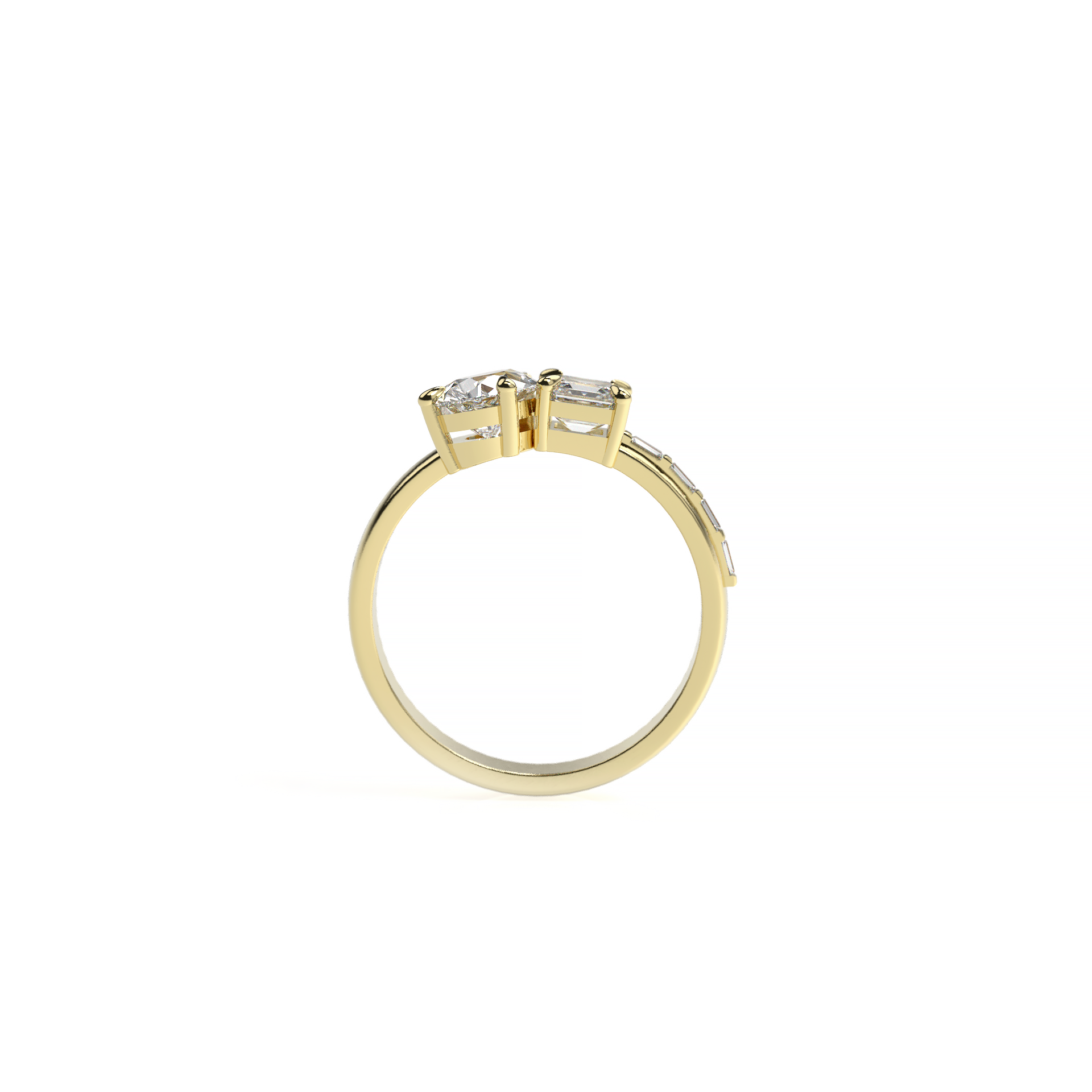 Pear-shaped and Asscher diamond engagement ring in yellow gold, side view