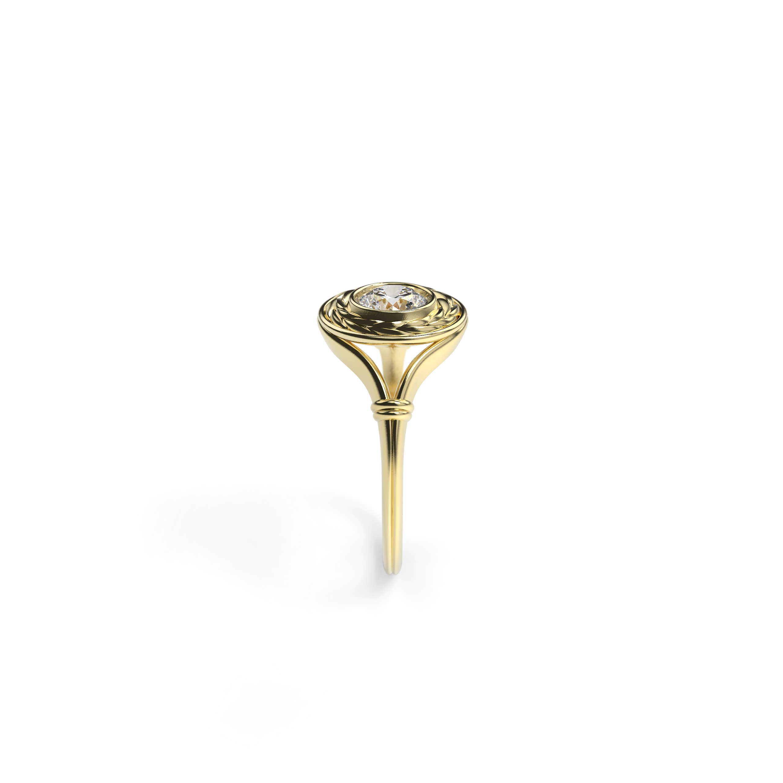Round diamond engagement ring in yellow gold with wheat-inspired bezel and D-shaped band, shown in side view