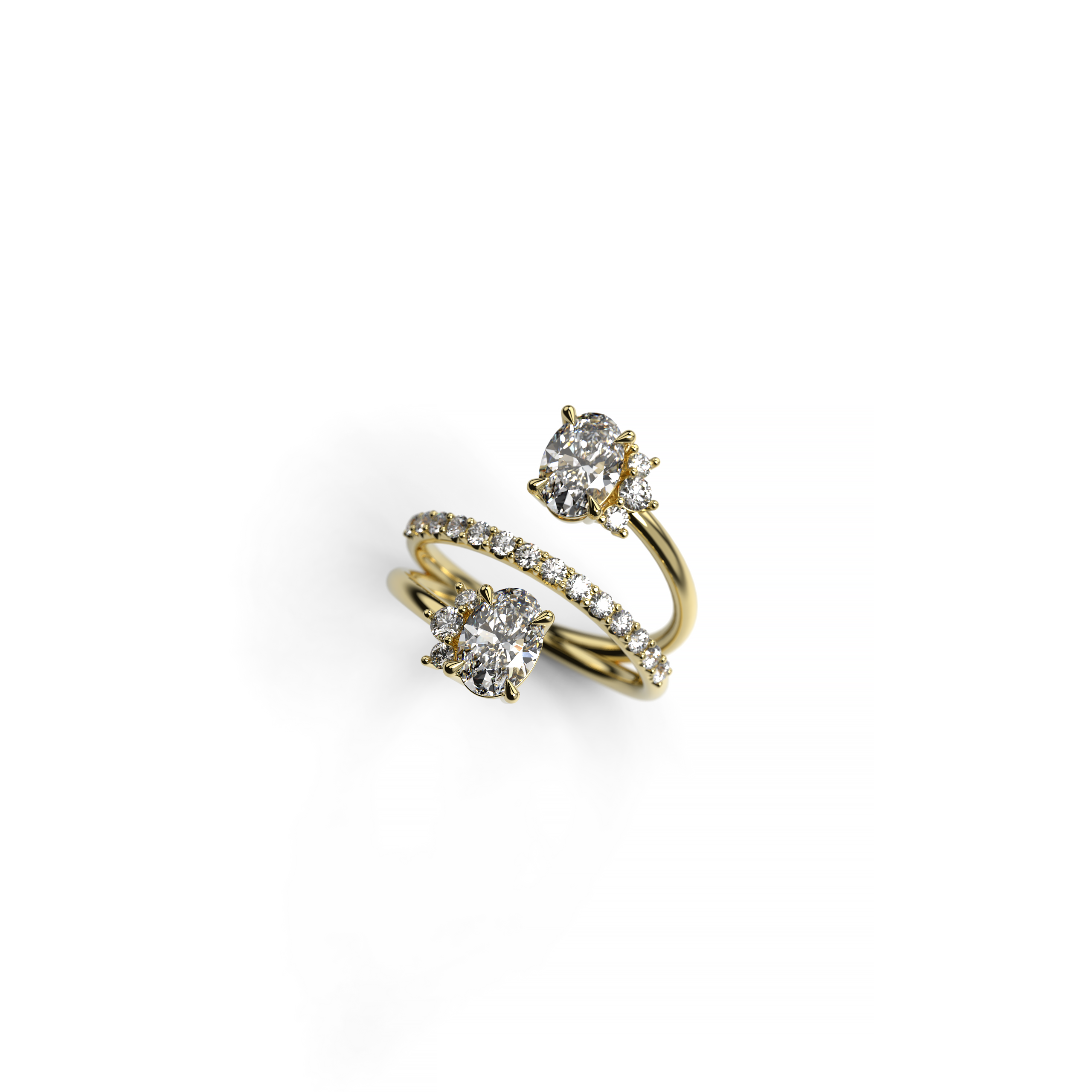 Yellow gold bypass ring featuring two oval diamonds with half halos and a pavé-set diamond band, perspective view