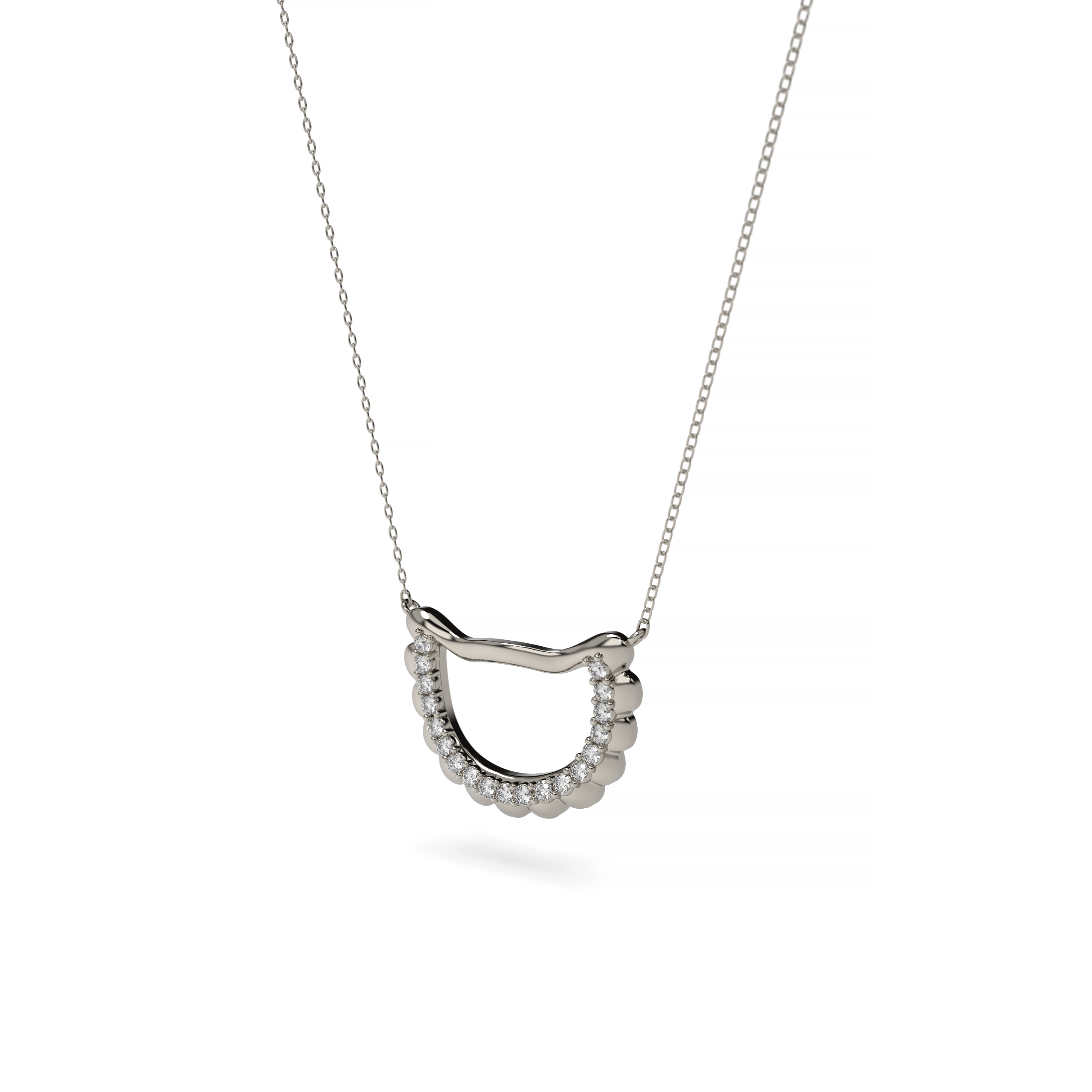 Pierogi-shaped fine jewelry pendant with diamonds, suspended on thin gold chain