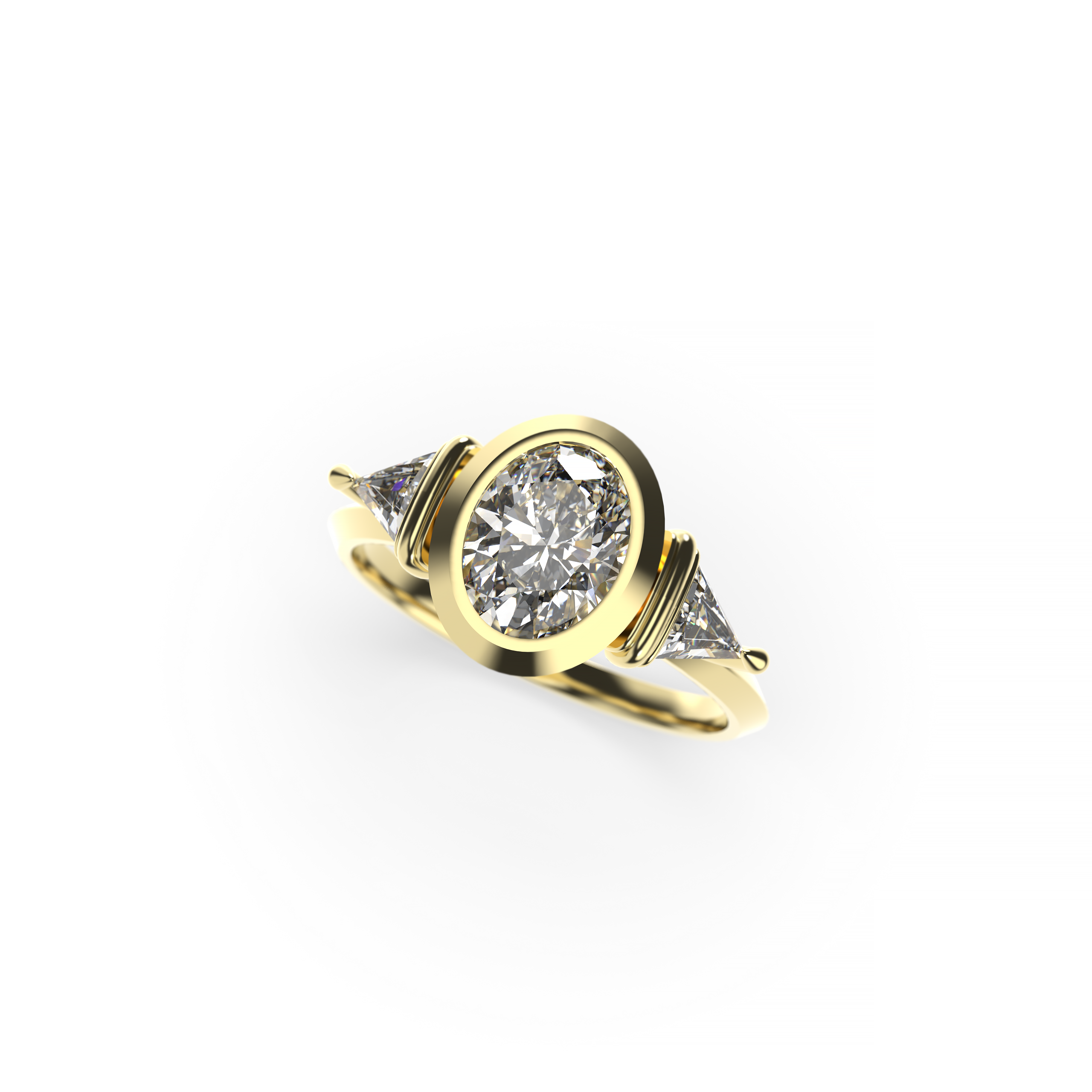 Oval Bezel-Set Diamond Engagement Ring with Trillion Side Stones and Knife-Edge Band