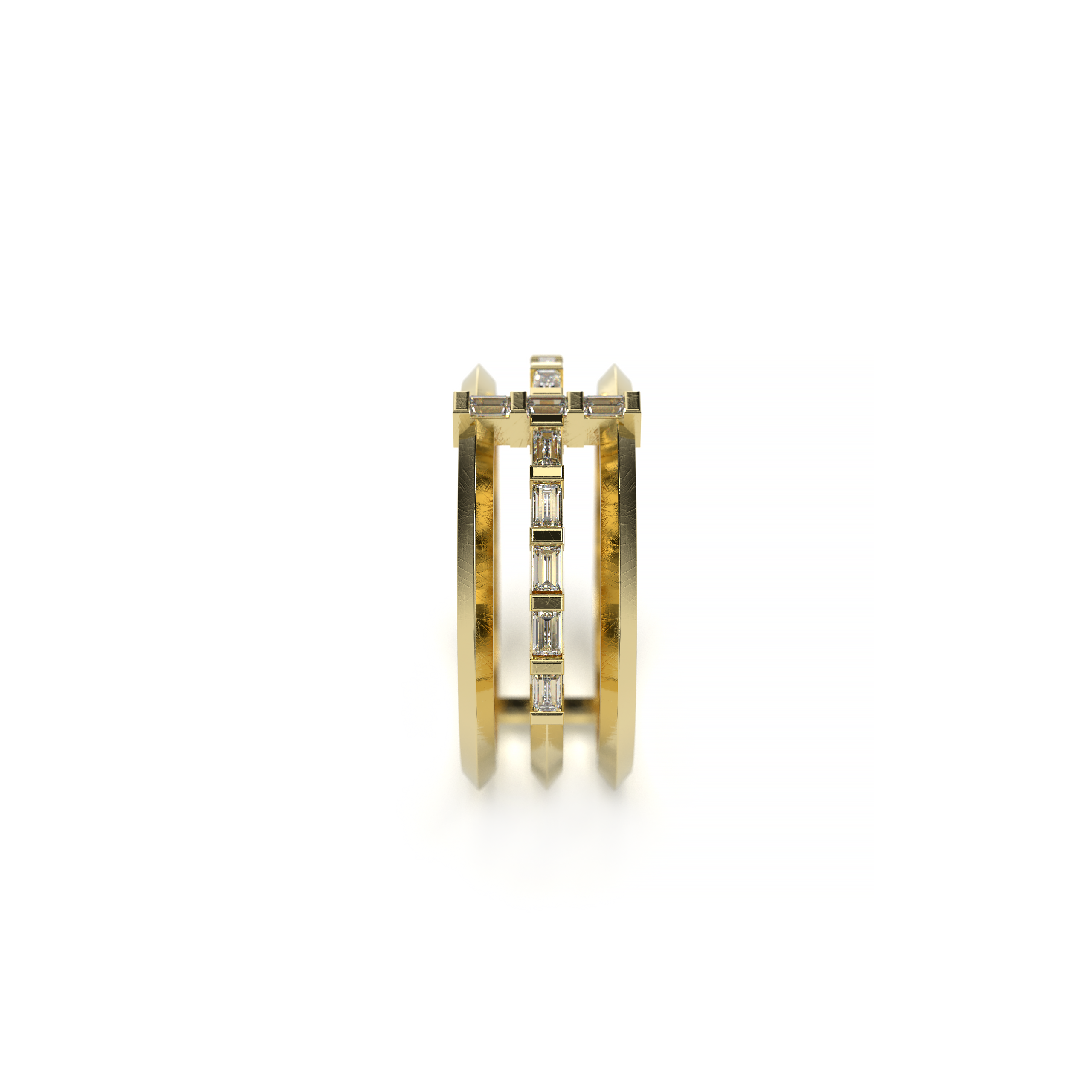 Sculptural three-band ring with baguette-cut diamonds arranged in a cross shape, modern minimal style