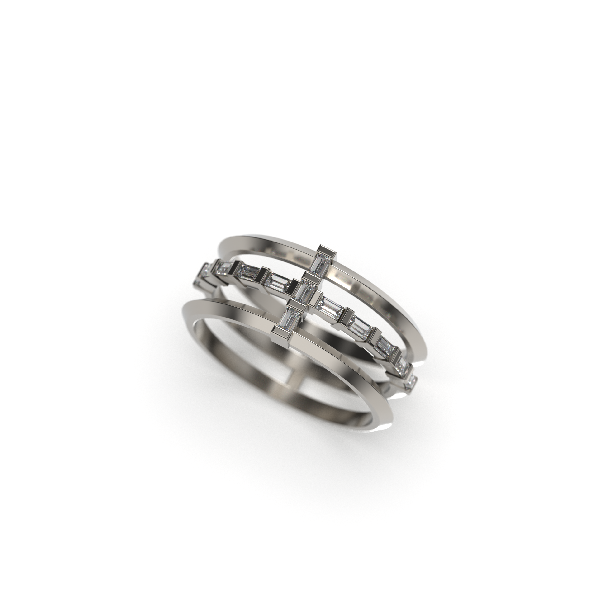 Triple band ring with baguette-cut diamonds in a geometric cross design, shown in polished white gold on a white background