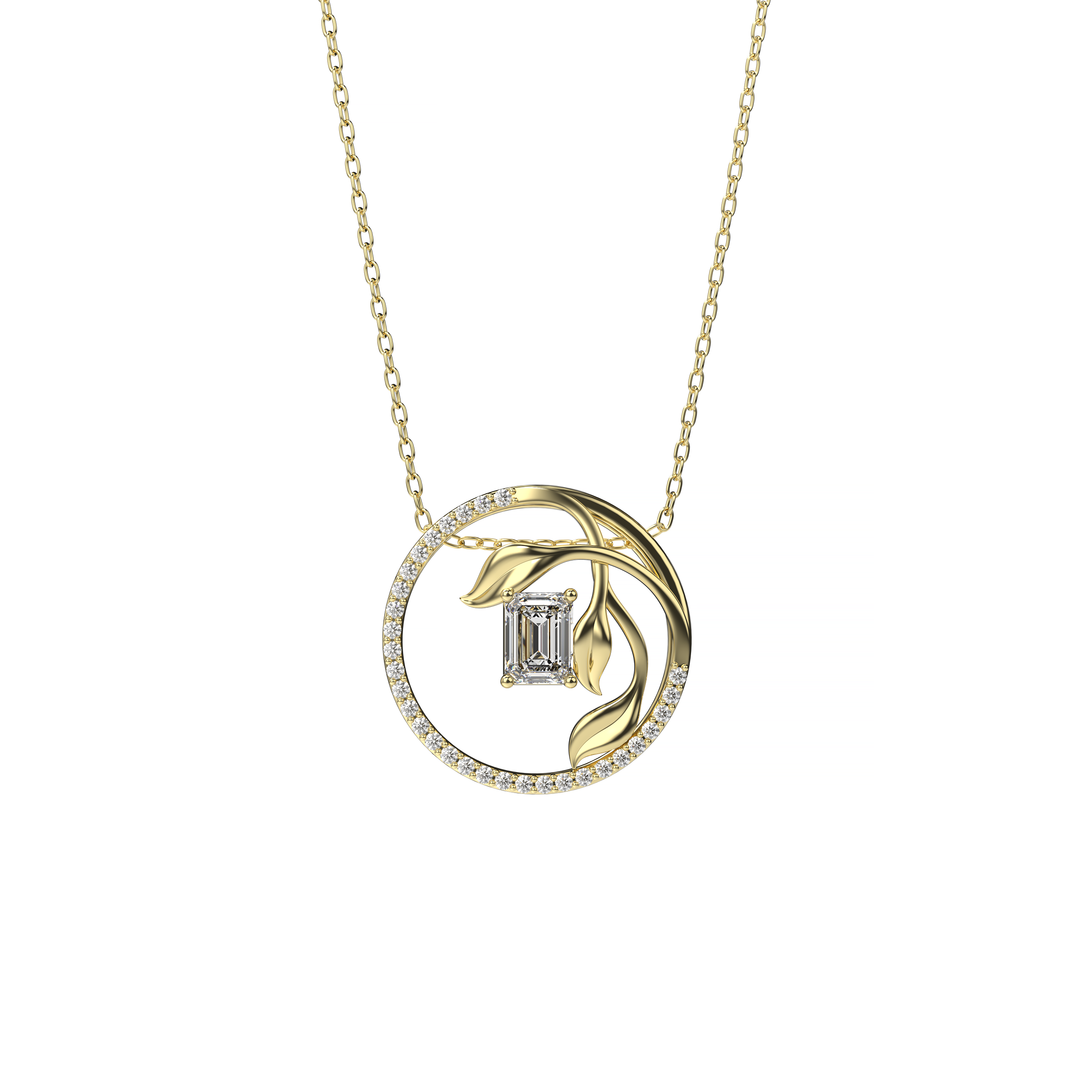 Emerald-Cut Diamond Pendant with Leaf Motif