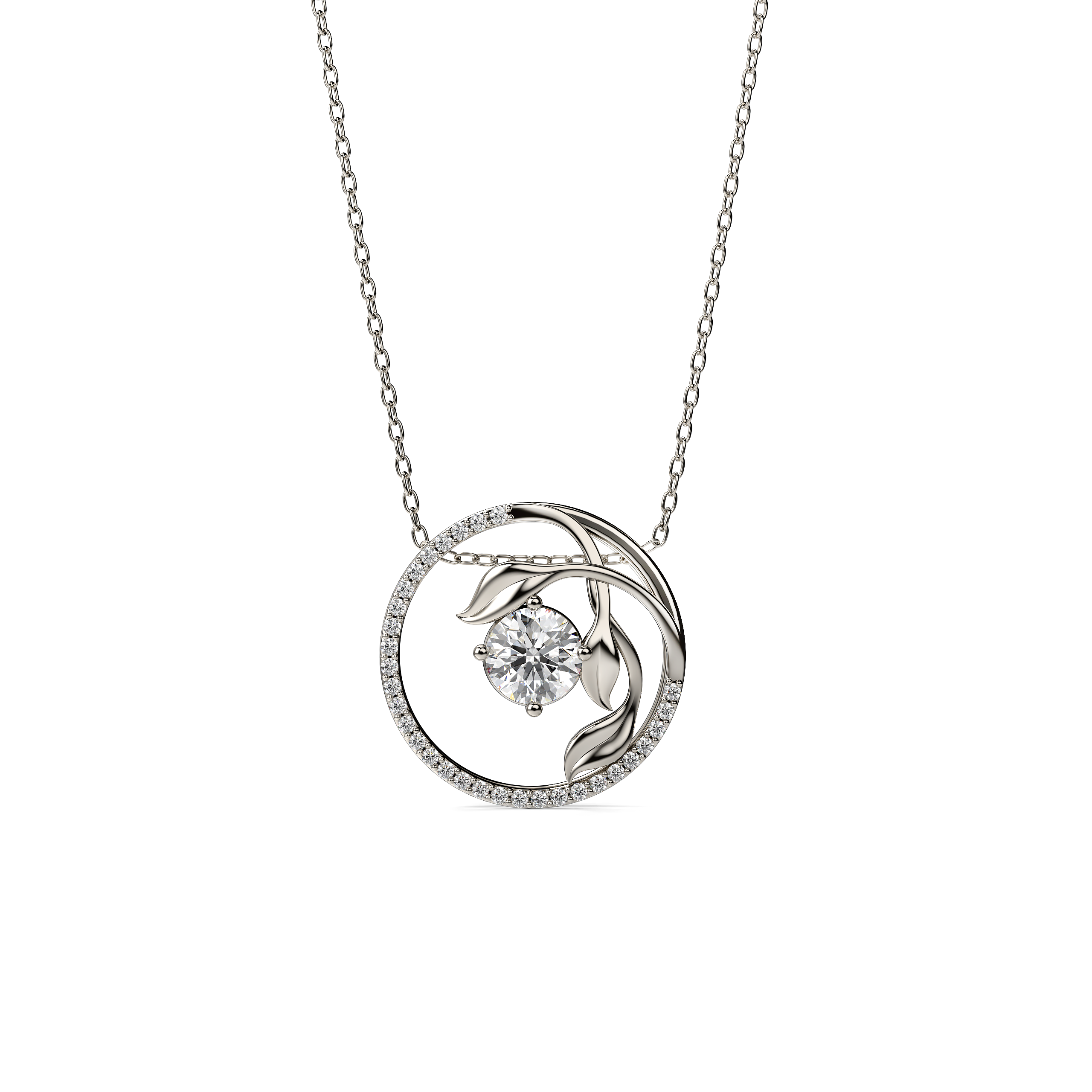 Round-Cut Diamond Pendant with Leaf Motif