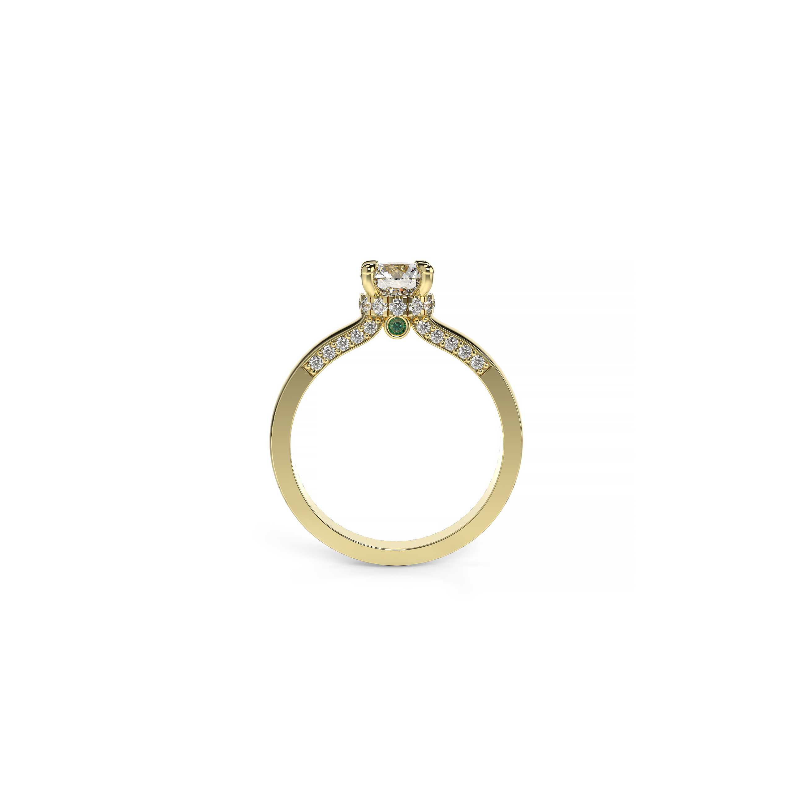 Round Diamond Engagement Ring with Hidden Diamond Halo and Accent Emeralds