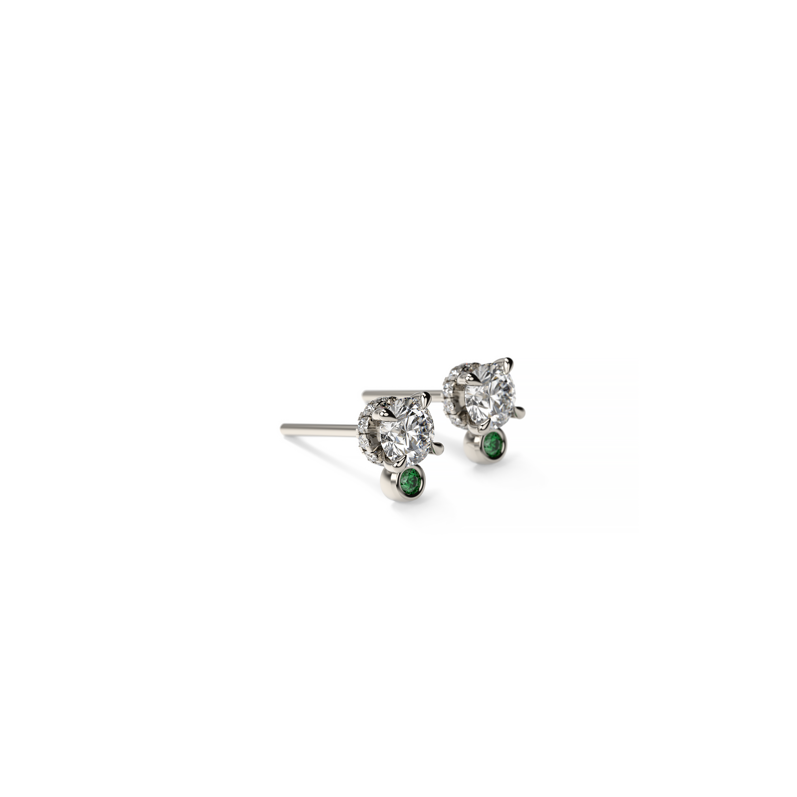 Round Diamond Halo Earrings with Emerald Accents