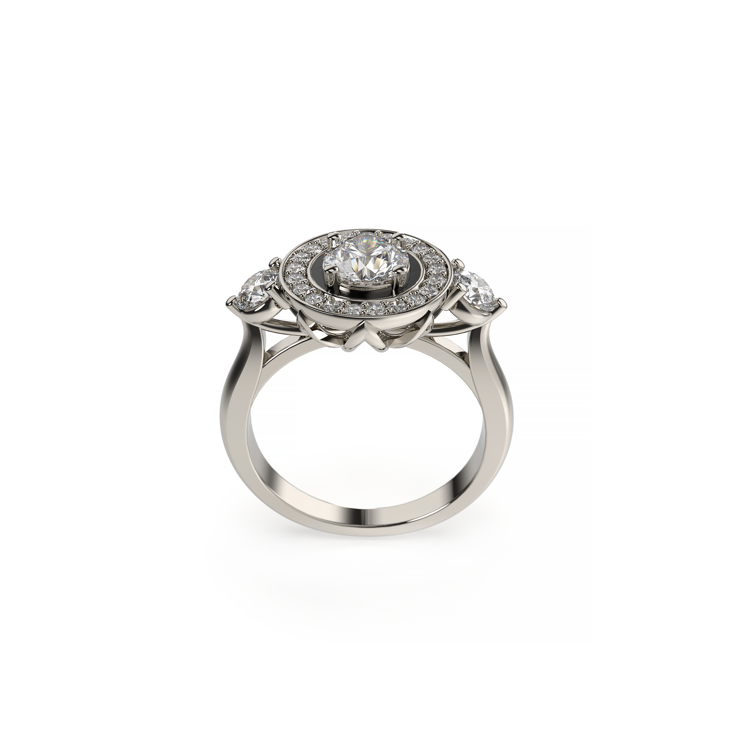 Whit gold ring with a black enamel and diamonds on a white background