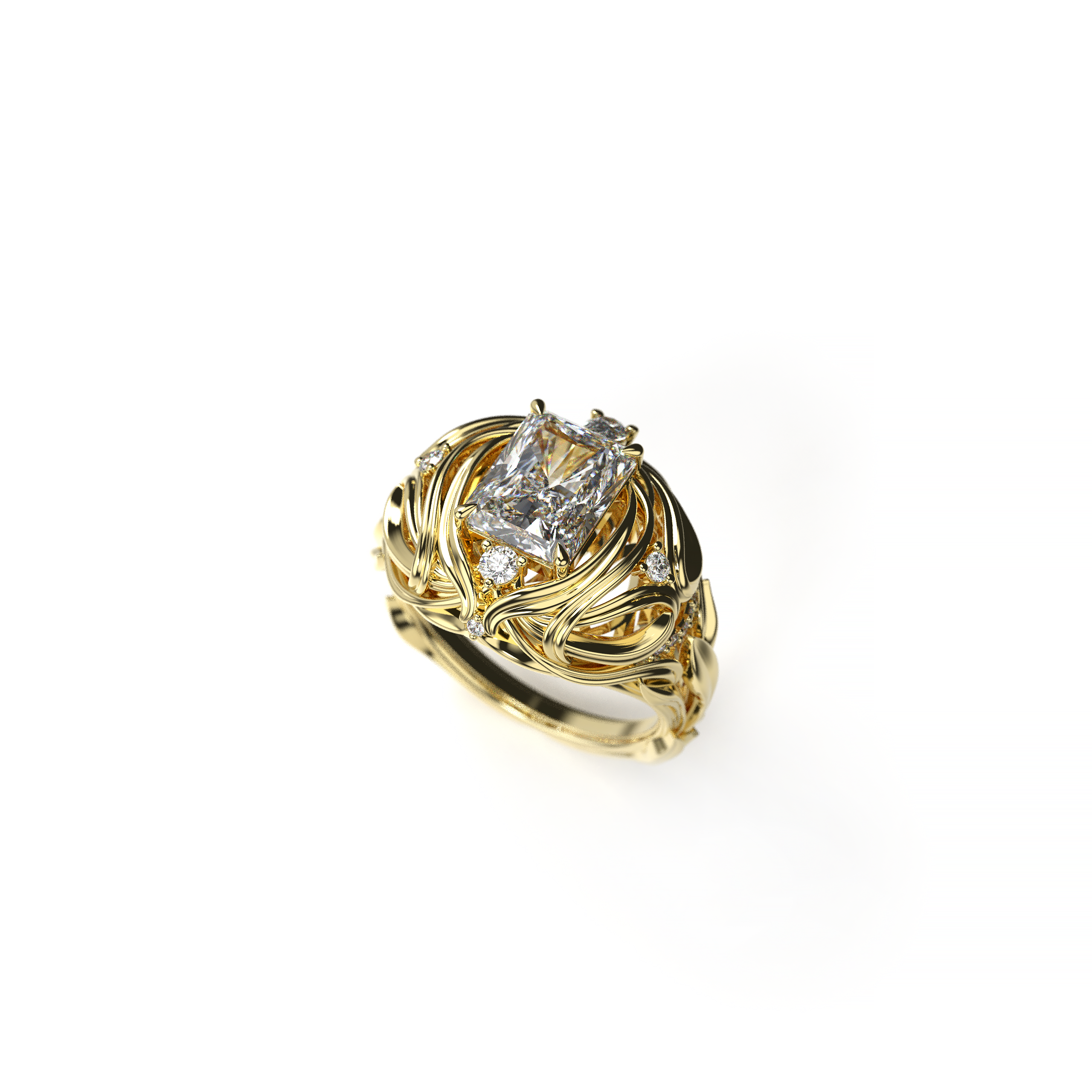 2ct radiant cut diamond ring with pear-shaped and round accent diamonds, sculptural leaf-inspired band  perspective view