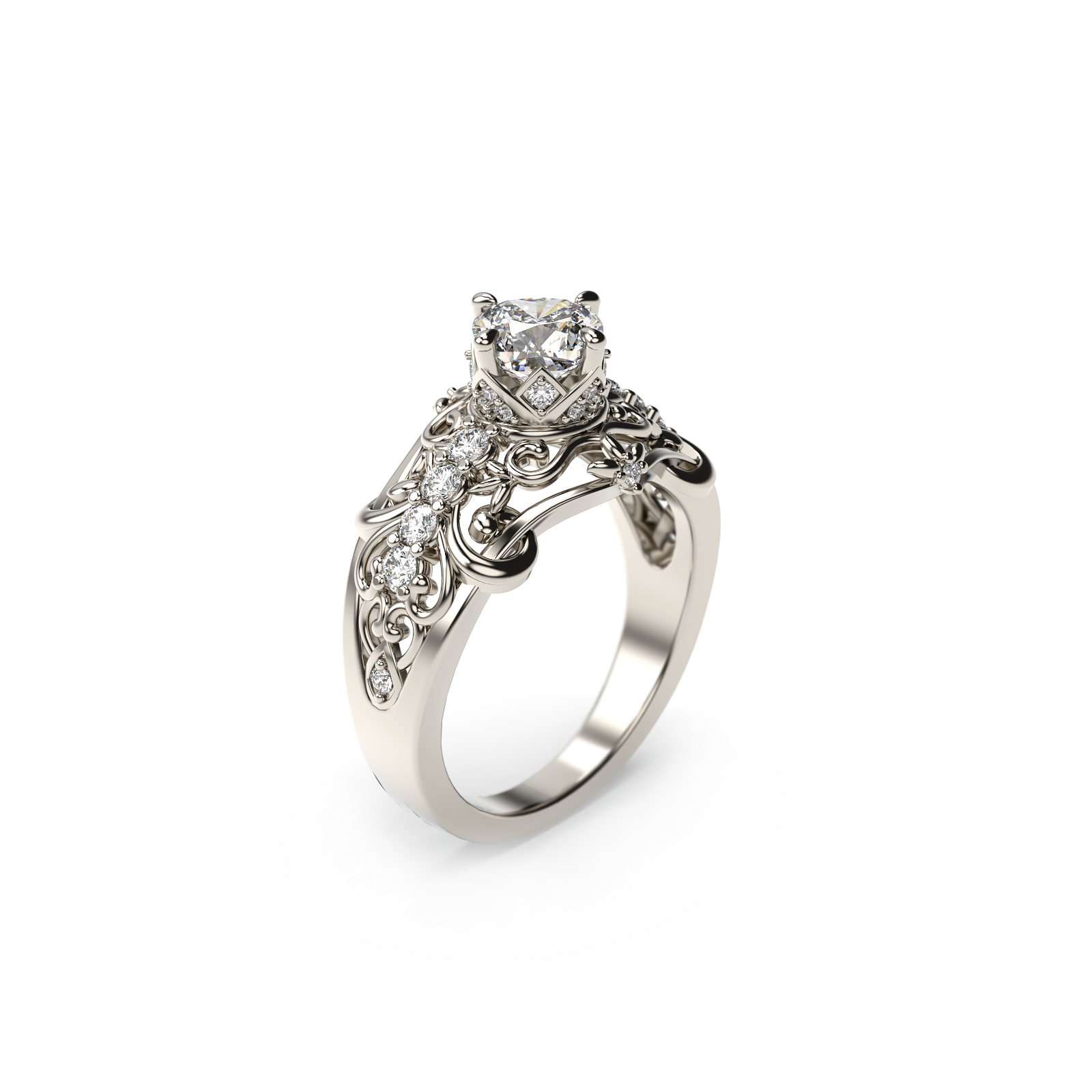 Three-quarter view of a vintage-inspired cushion-cut diamond ring with hidden halo, filigree scrollwork, and diamond accents in white gold on a white background