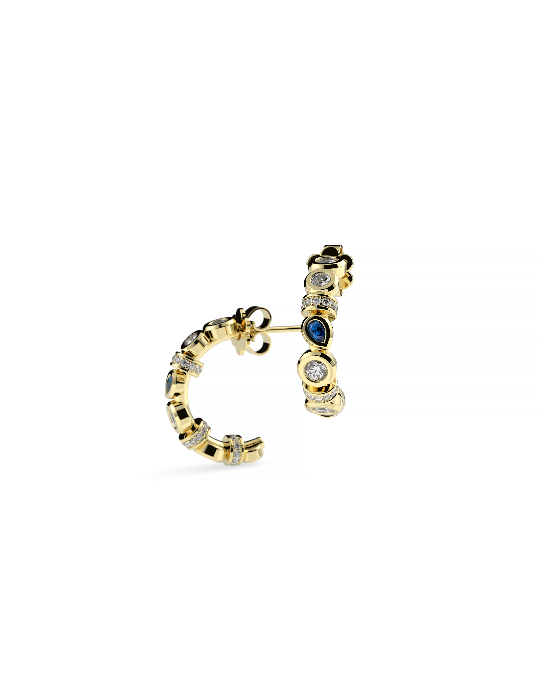 Yellow gold hoop earrings with bezel-set mixed cut diamonds and blue sapphires, luxury modern design, custom fine jewelry by Anna Popovych Jewelry.
