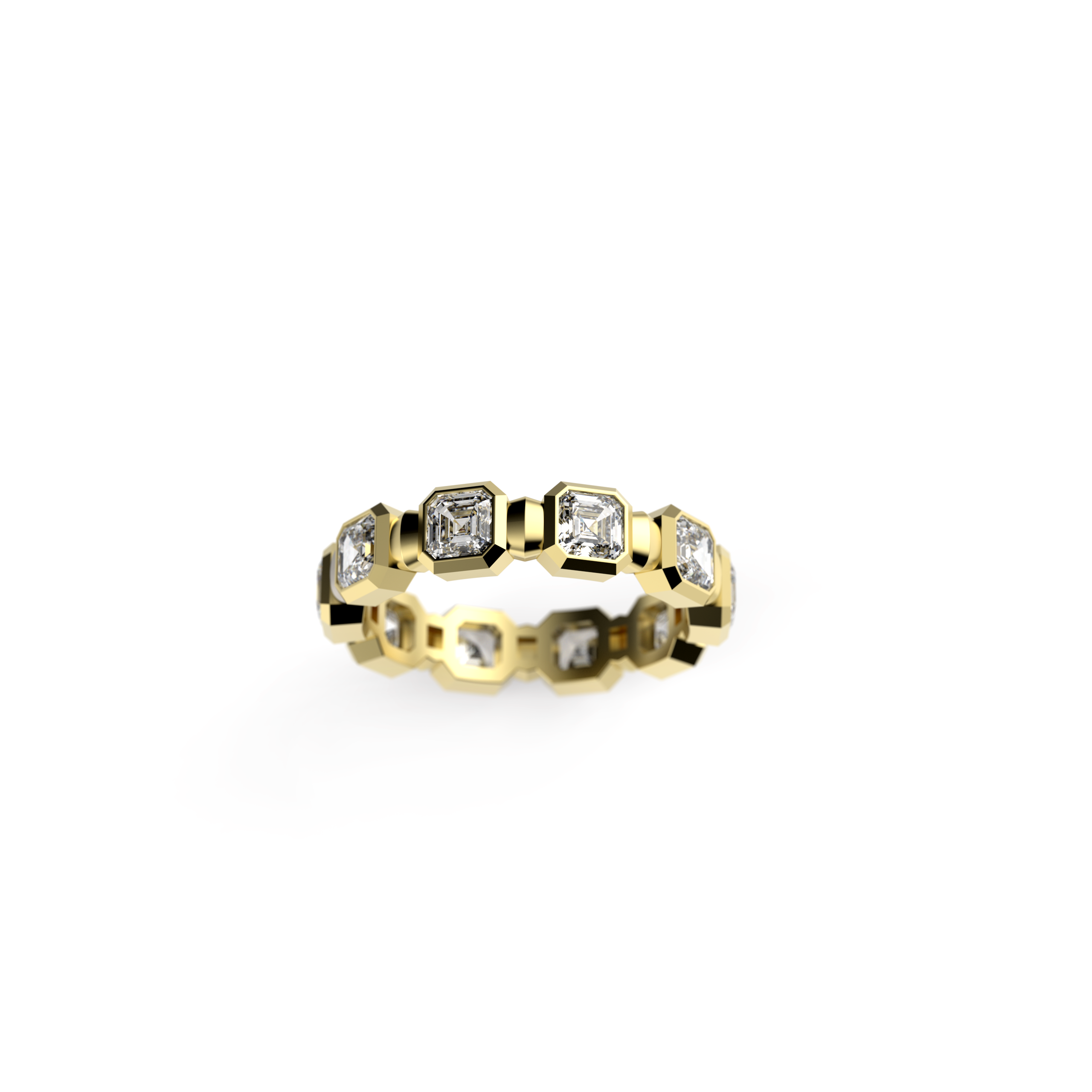 Gold ring with embedded diamonds on a white background