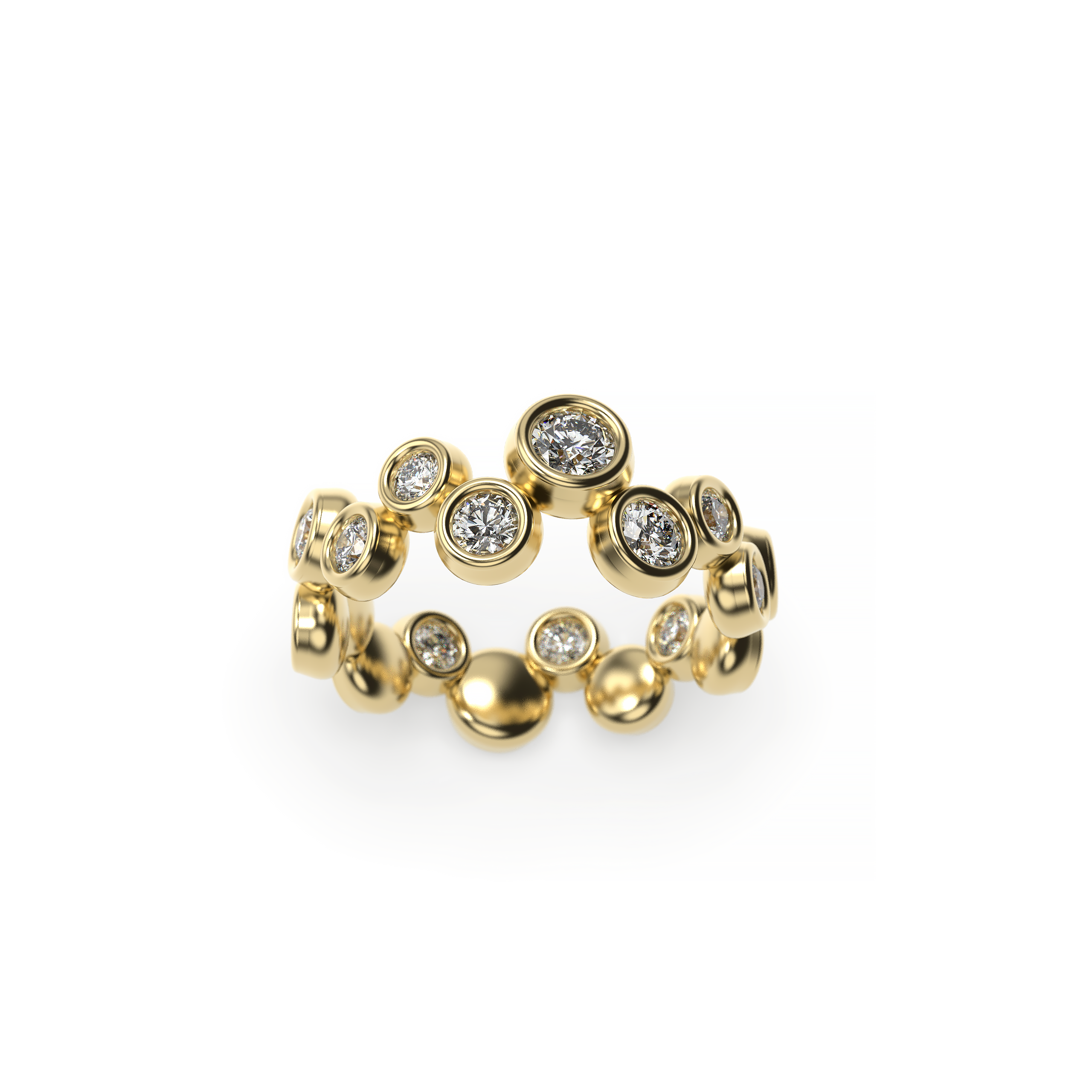 Gold ring with embedded diamonds on a white background