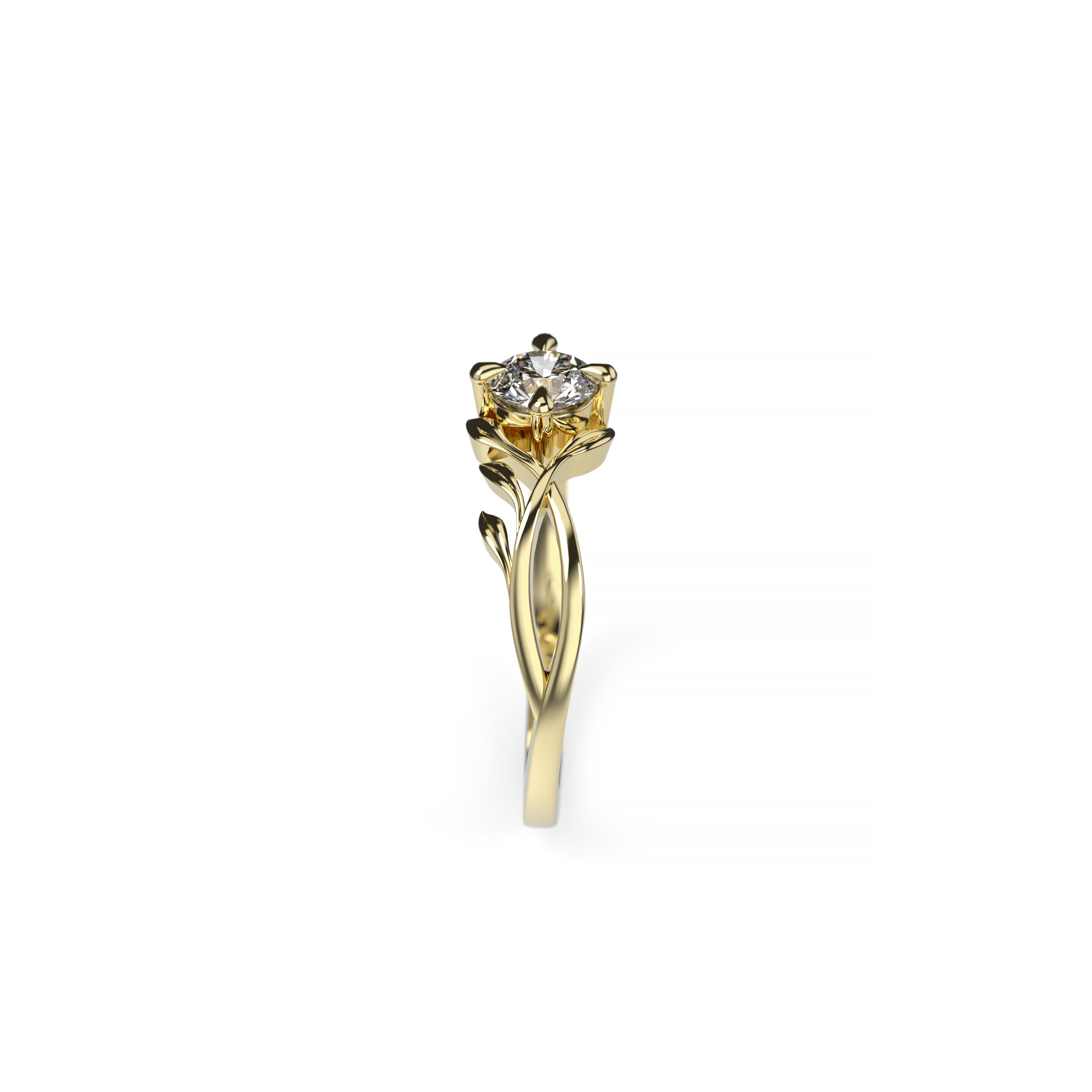Round diamond ring in 18K yellow gold with sculpted leaf band and pavé accents – side view