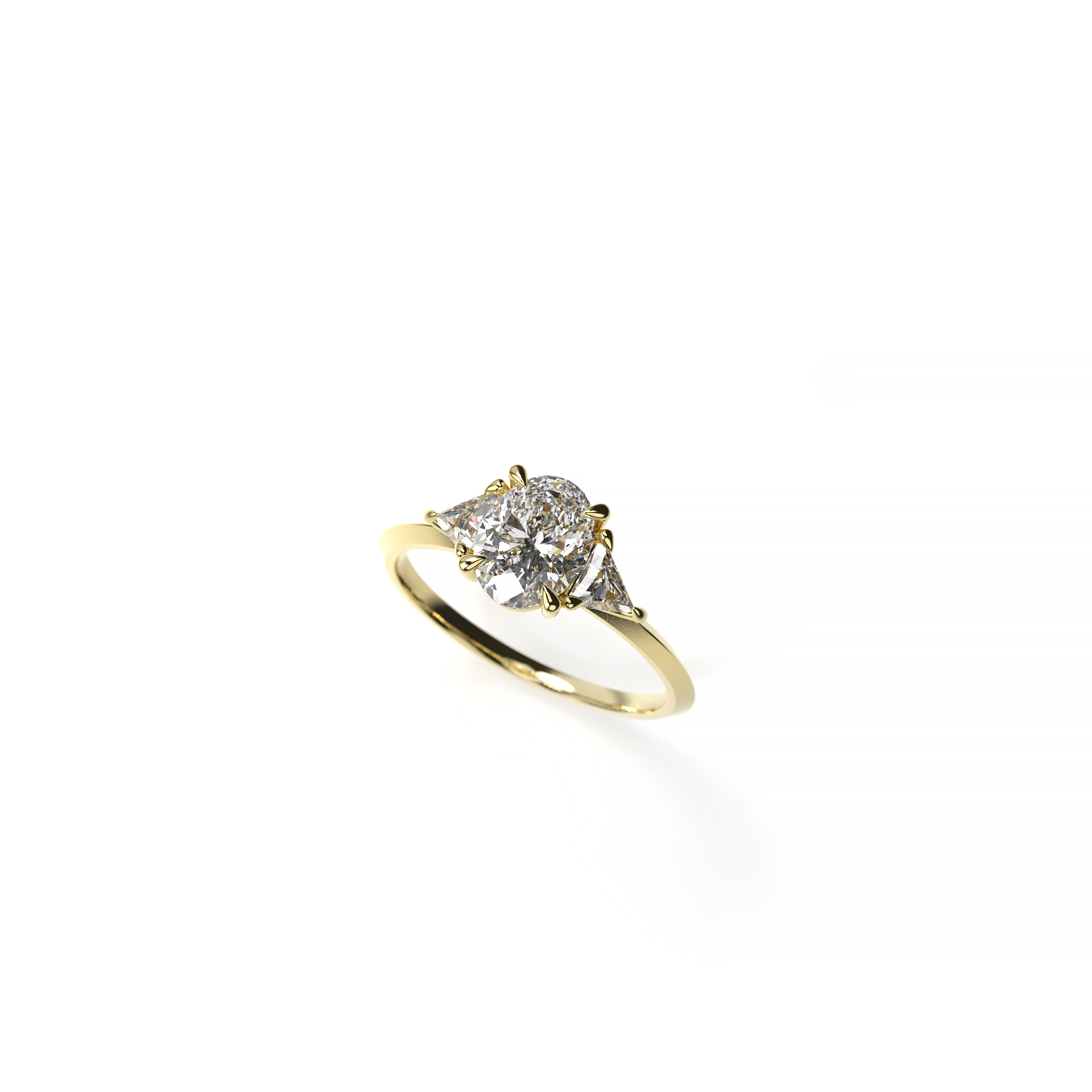 Three-stone engagement ring featuring an oval diamond center flanked by two pear-shaped diamonds on a yellow gold band, perspective view