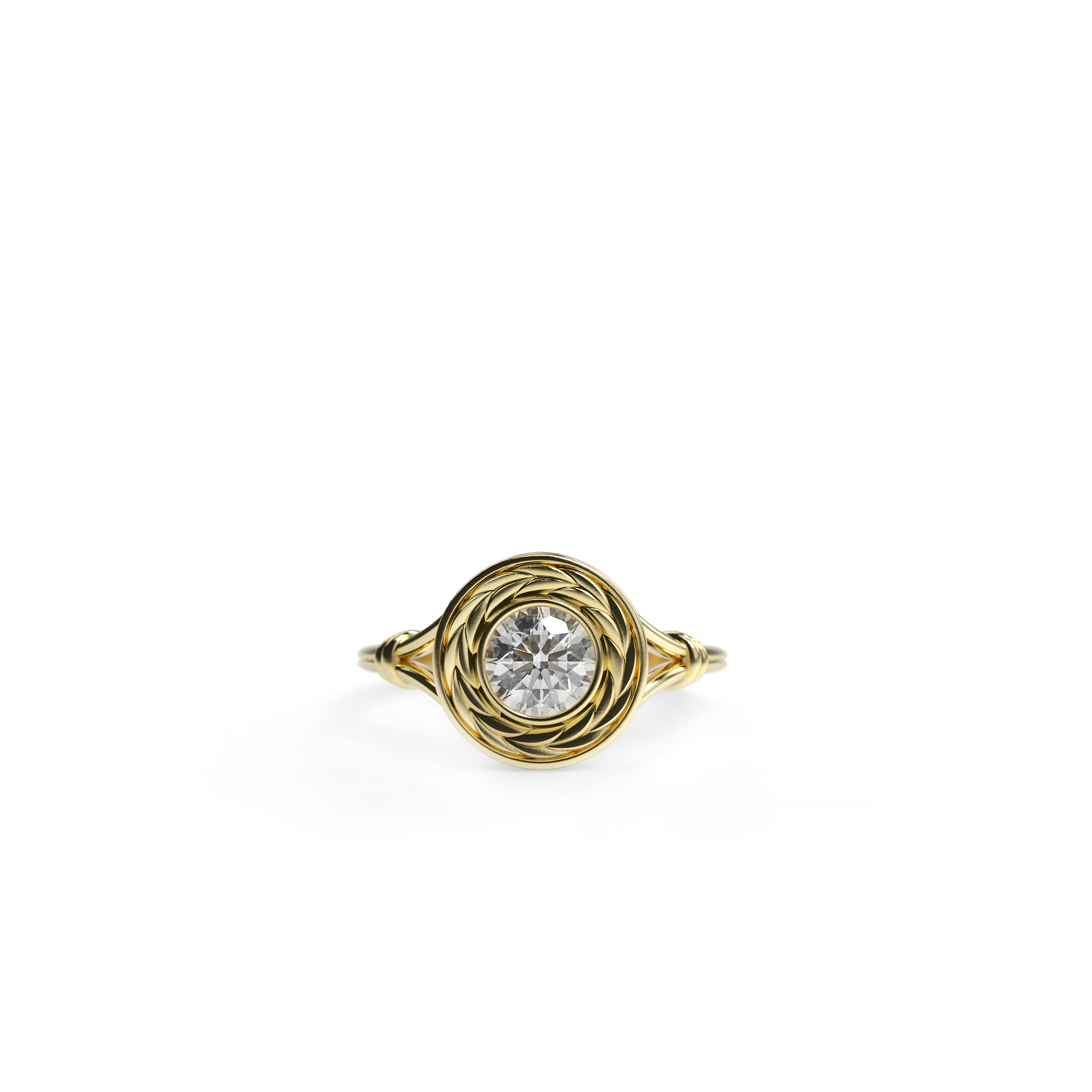 Round diamond engagement ring in yellow gold with wheat-inspired bezel and D-shaped band, shown in centered top view