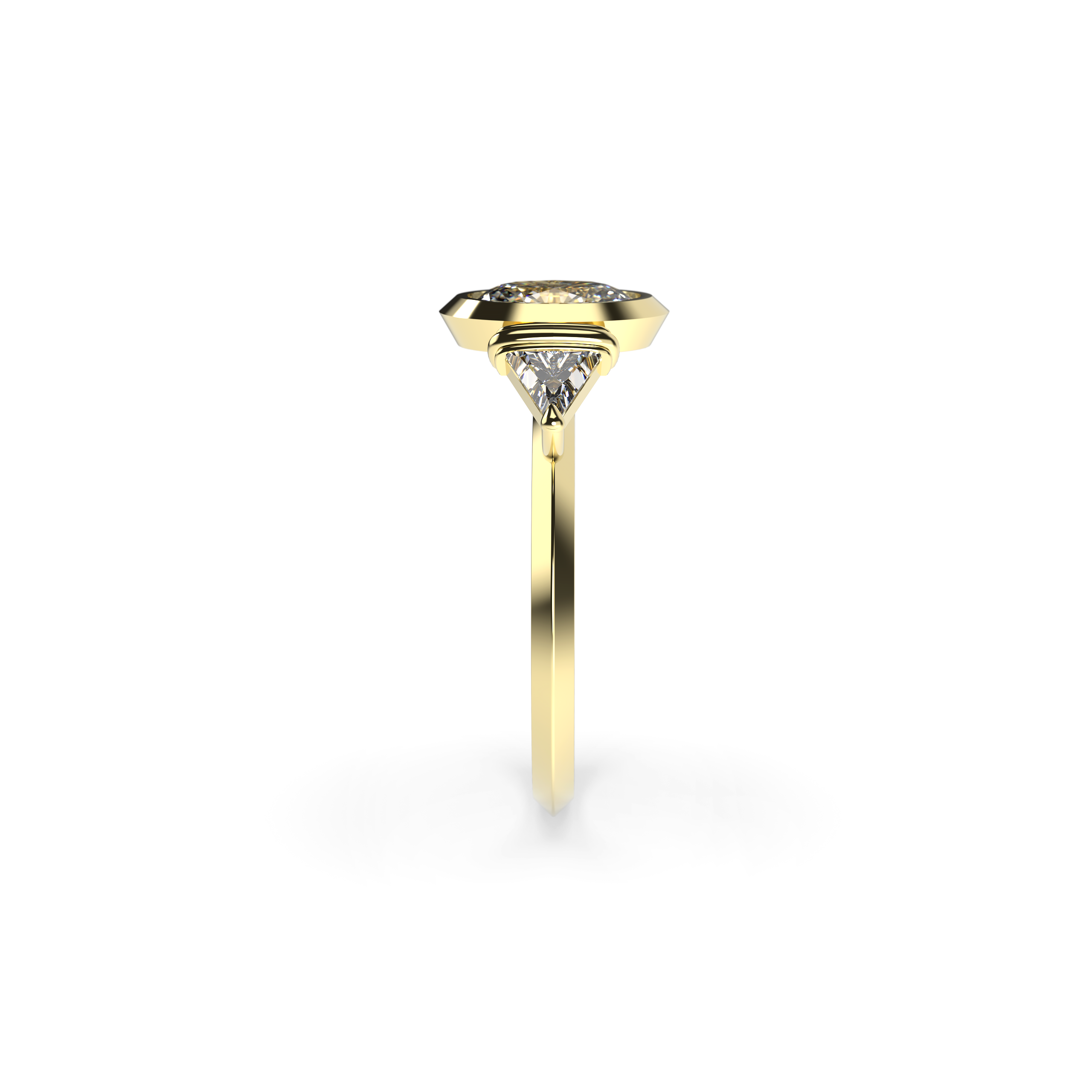 Oval Bezel-Set Diamond Engagement Ring with Trillion Side Stones and Knife-Edge Band