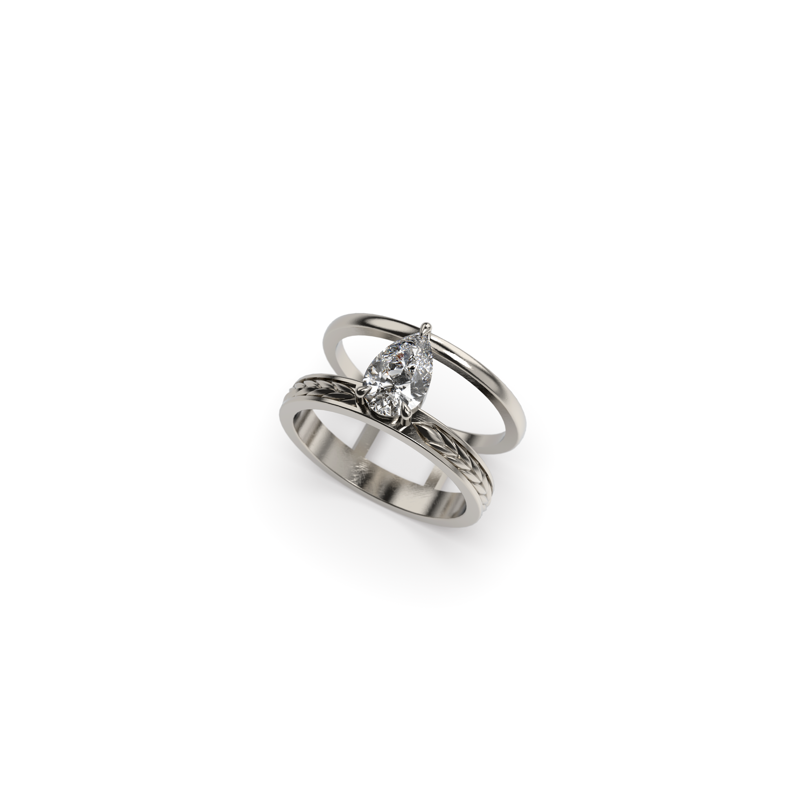 Platinum engagement ring with pear-shaped 1ct diamond and wide engraved wheat-motif band