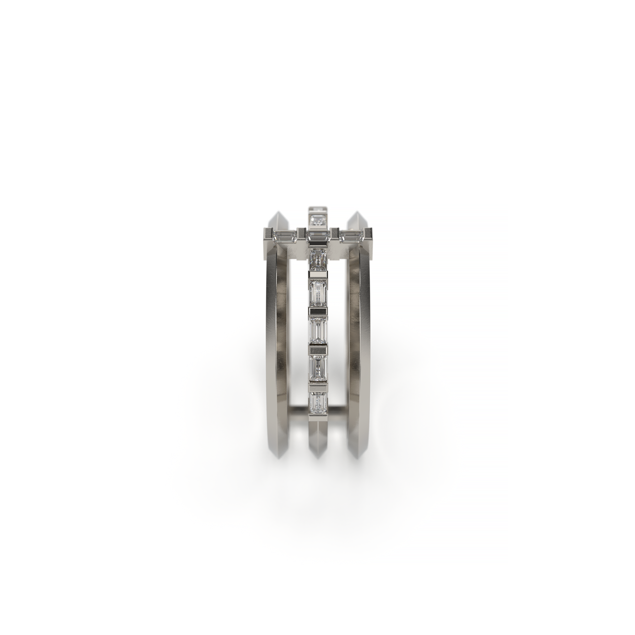 Sculptural three-band ring with baguette-cut diamonds arranged in a cross shape, modern minimal style