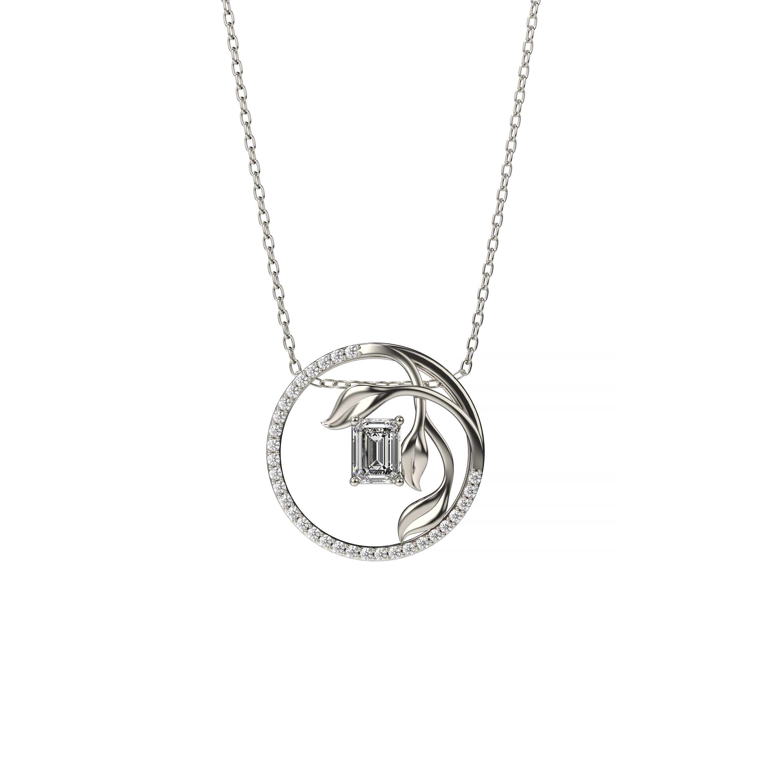 Emerald-Cut Diamond Pendant with Leaf Motif