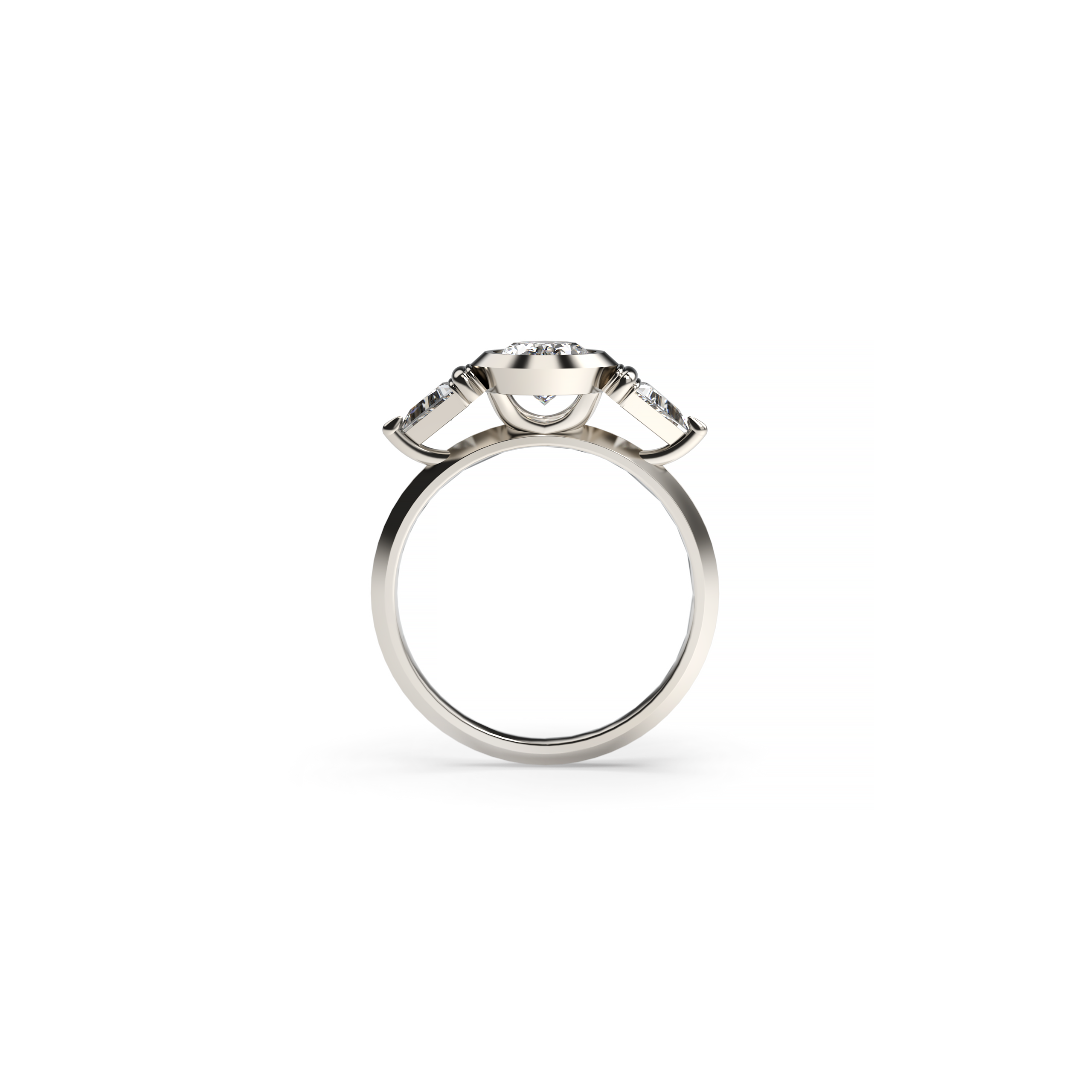 Three-stone engagement ring featuring an oval bezel-set diamond center flanked by two pear-shaped diamonds on a white gold band,  front view
