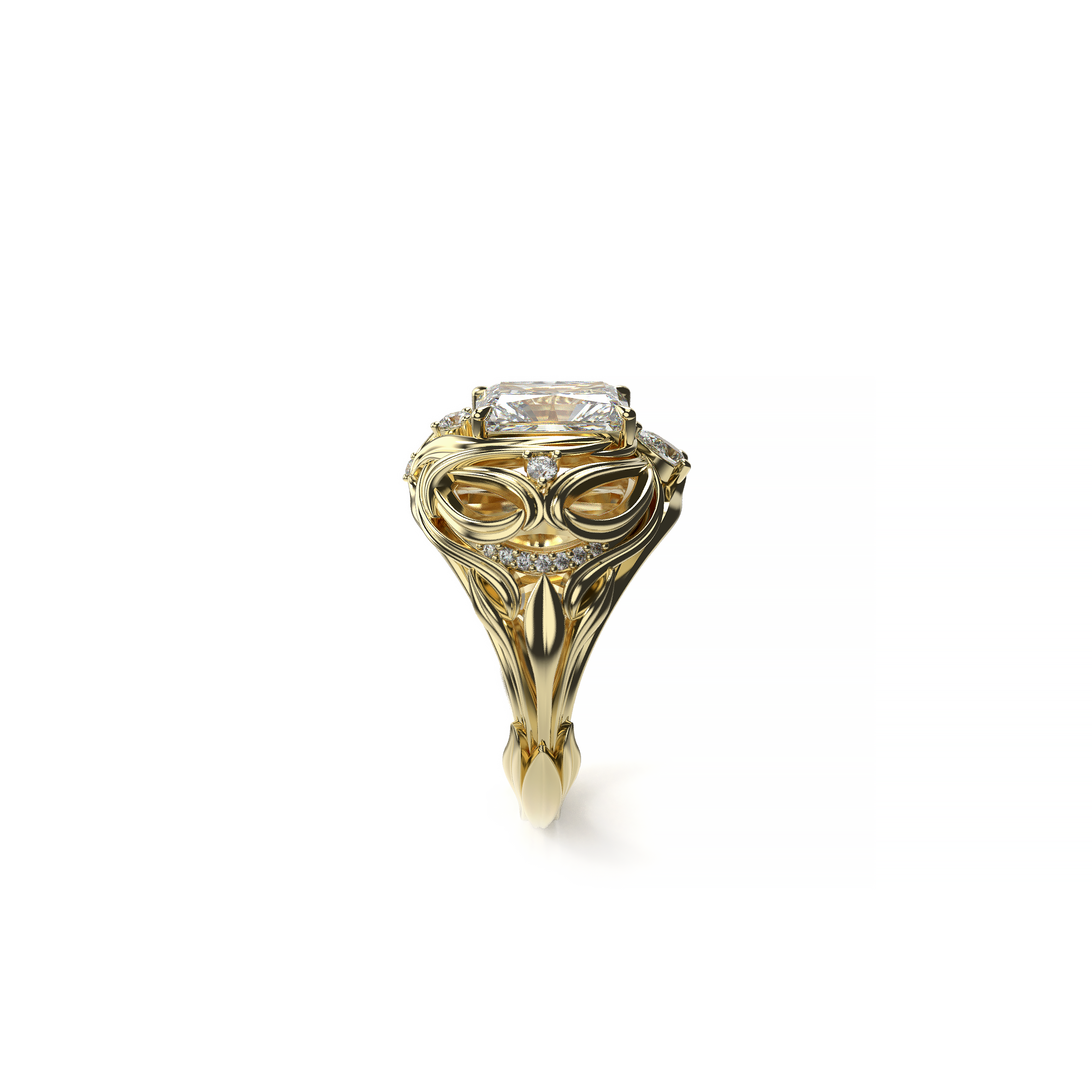 2ct radiant cut diamond ring with pear-shaped and round accent diamonds, sculptural leaf-inspired band side view