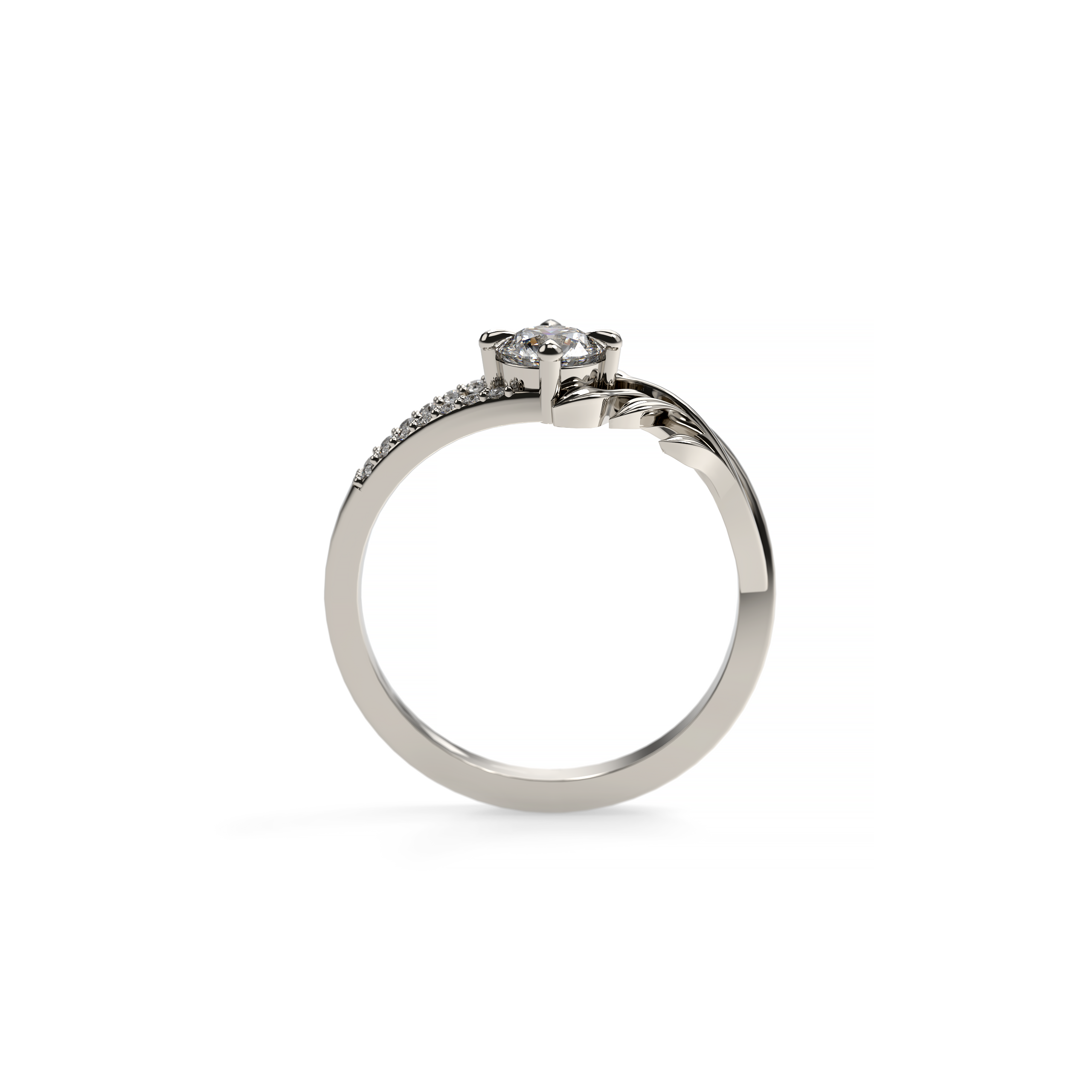Round diamond ring in 18K white gold with sculpted leaf band and pavé accents – front view