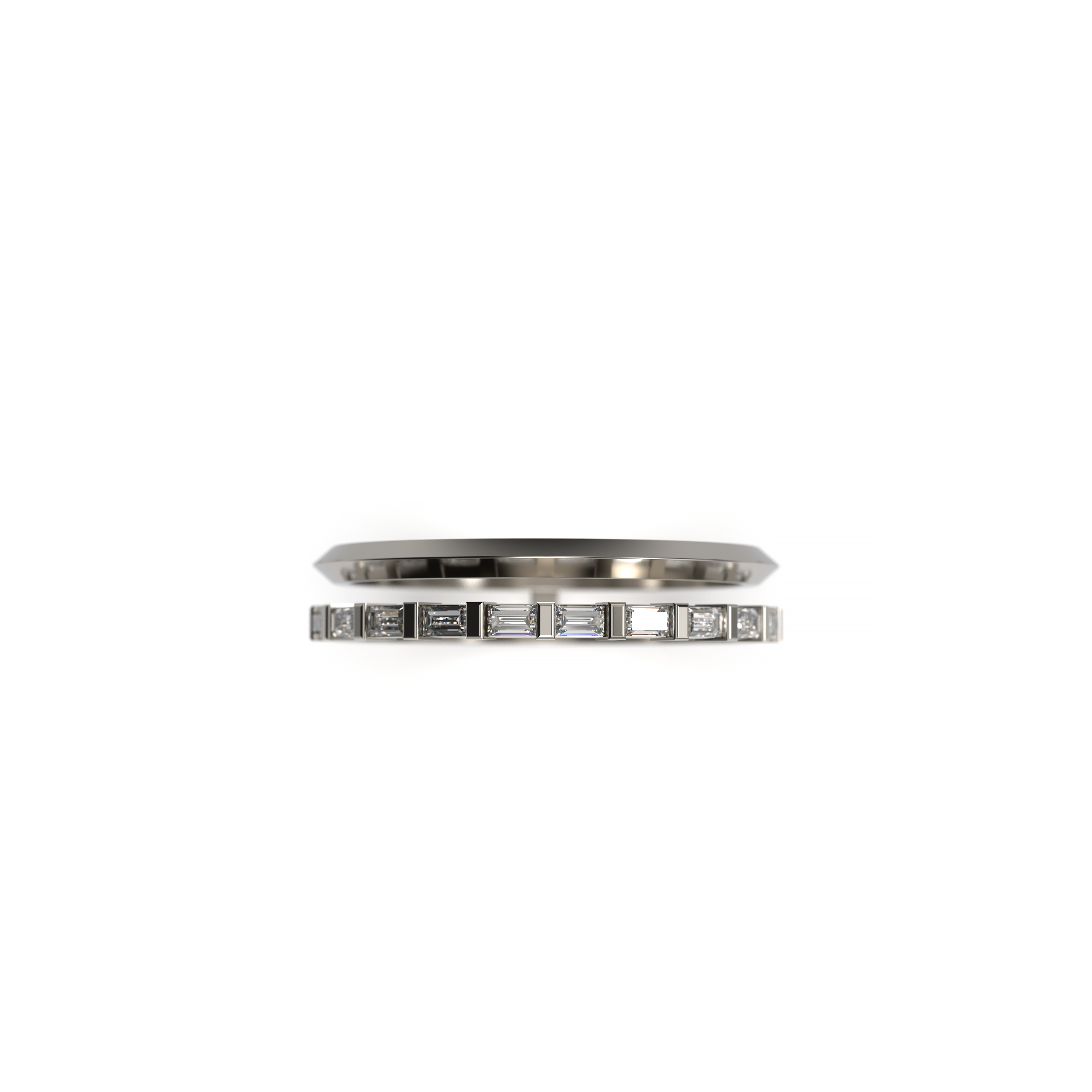 Stylized render of a double band baguette diamond ring in white gold, perfect for a modern, luxurious aesthetic.