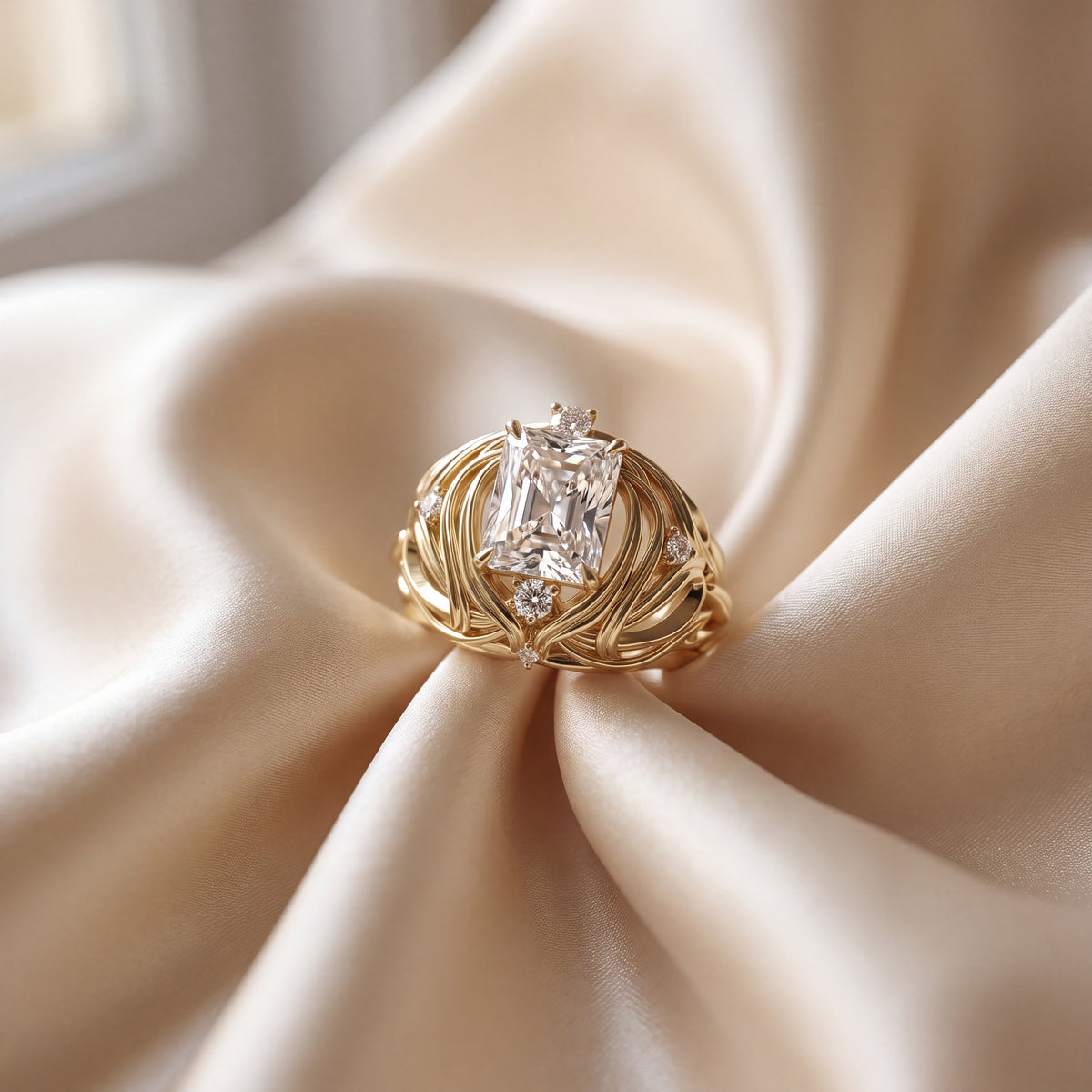 A gold ring with a large rectangular clear gemstone and smaller accent stones, displayed on draped cream satin fabric.