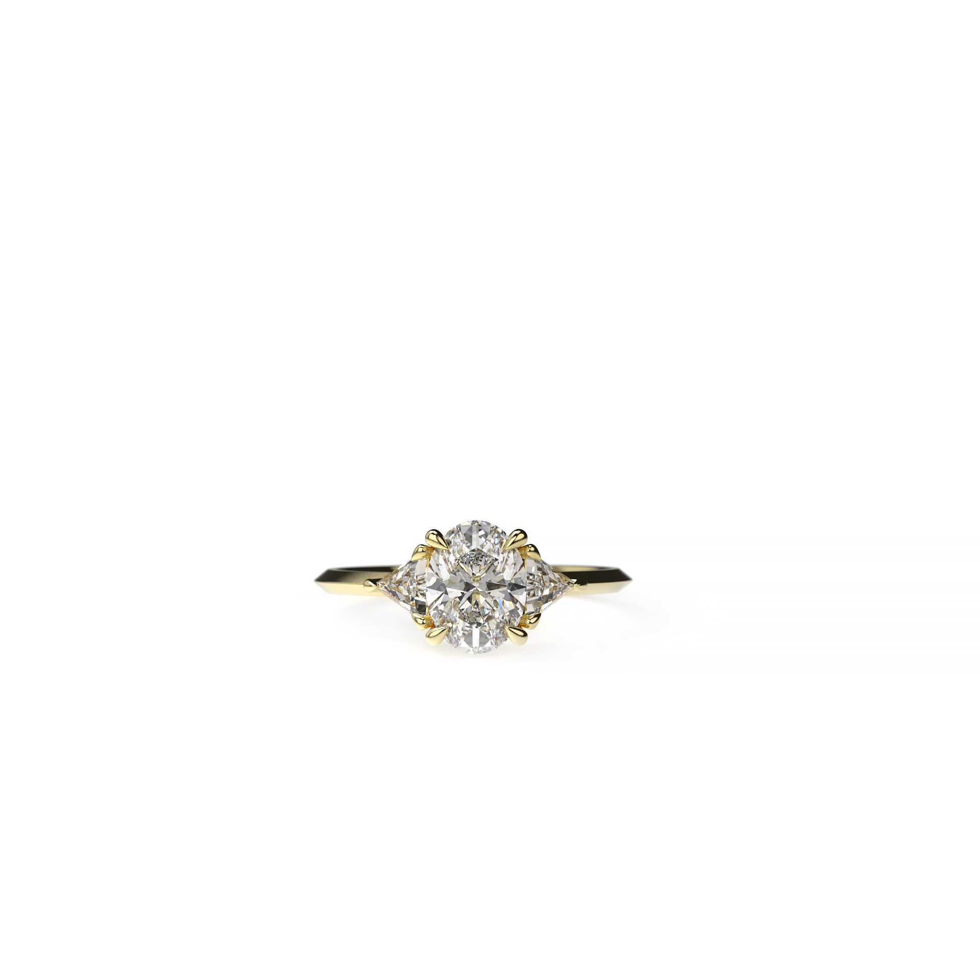 Three-stone engagement ring featuring an oval diamond center flanked by two pear-shaped diamonds on a yellow gold band, centered top view