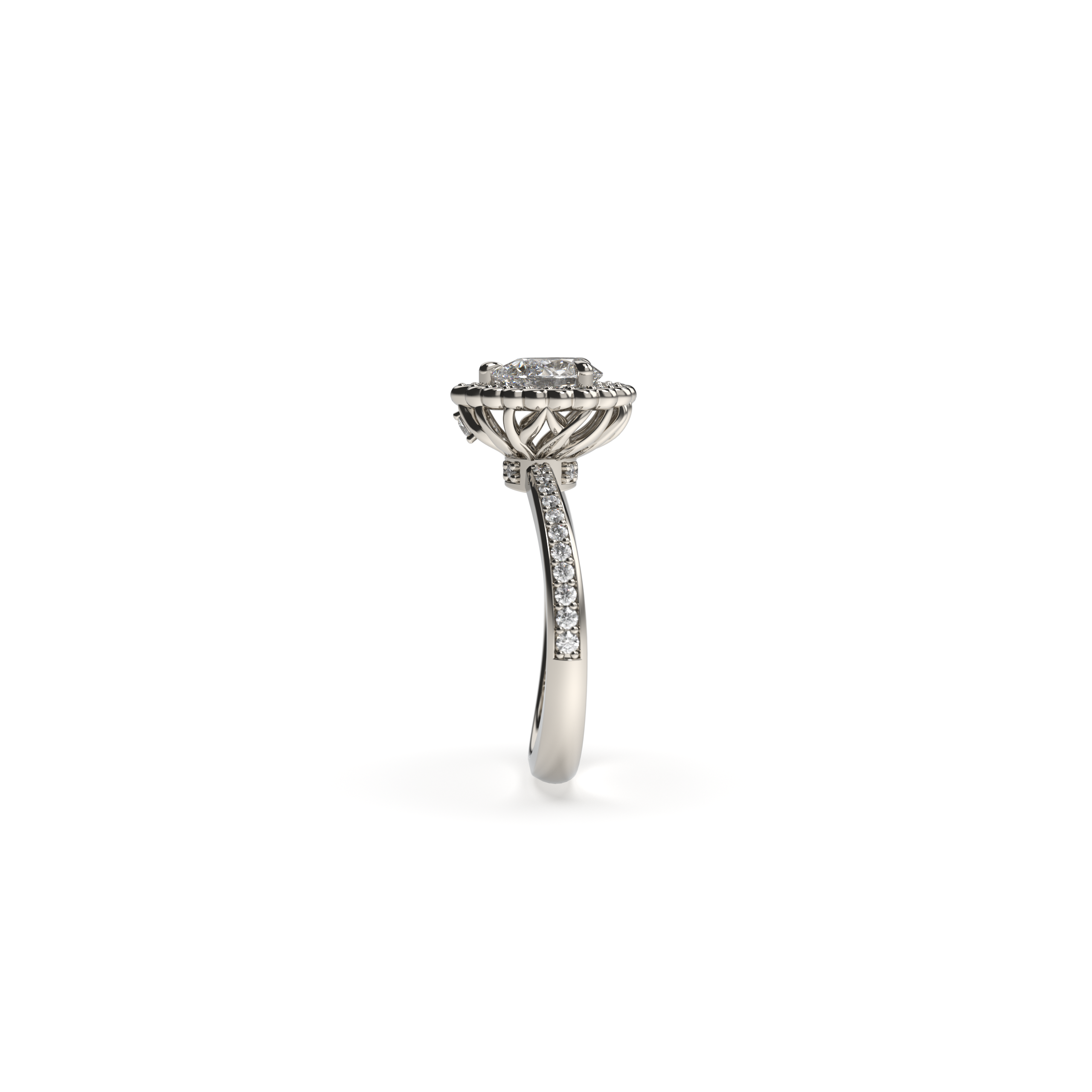 Pear-shaped diamond engagement white gold ring with halo and pavé band, shown in a side view