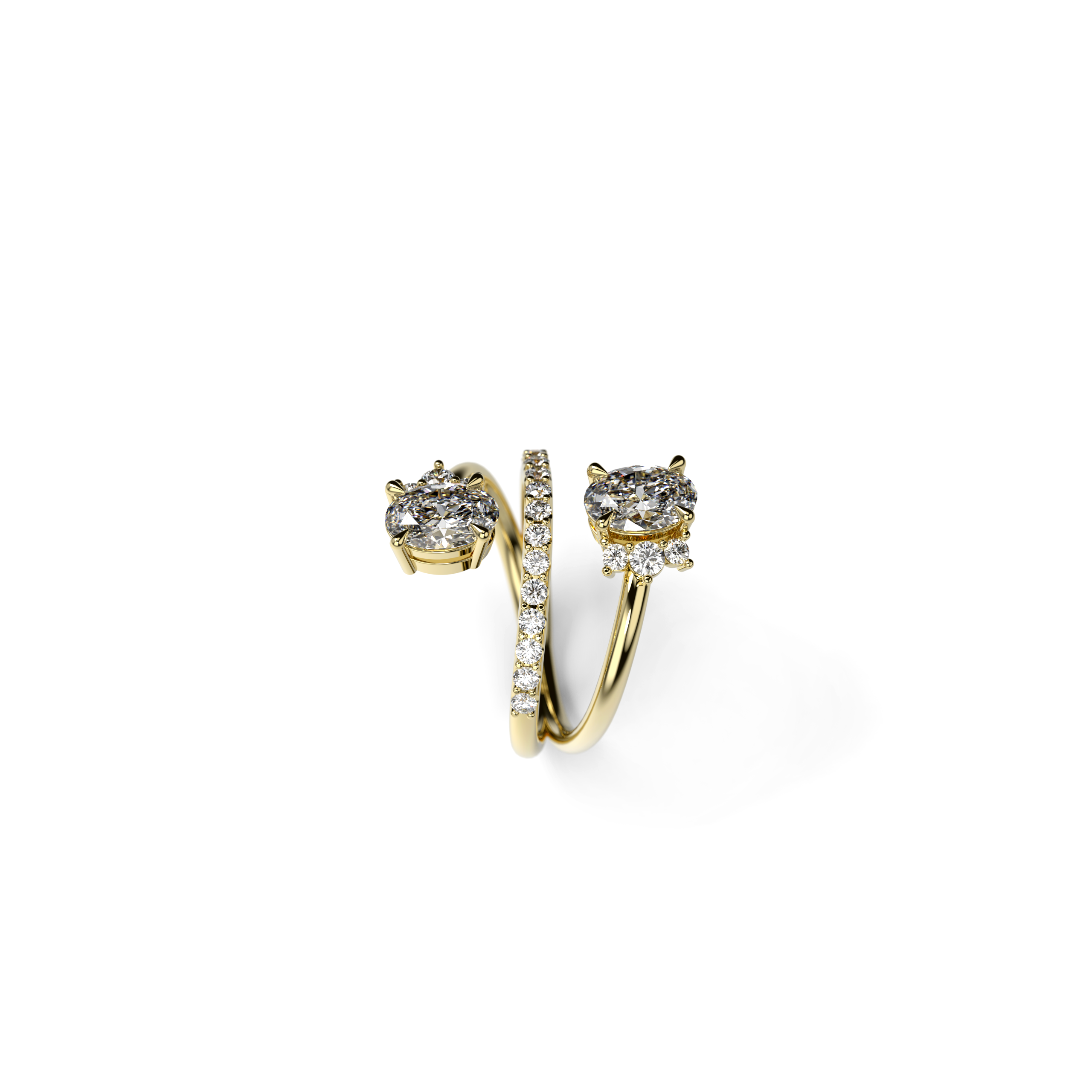Yellow gold bypass ring featuring two oval diamonds with half halos and a diamond band, side view
