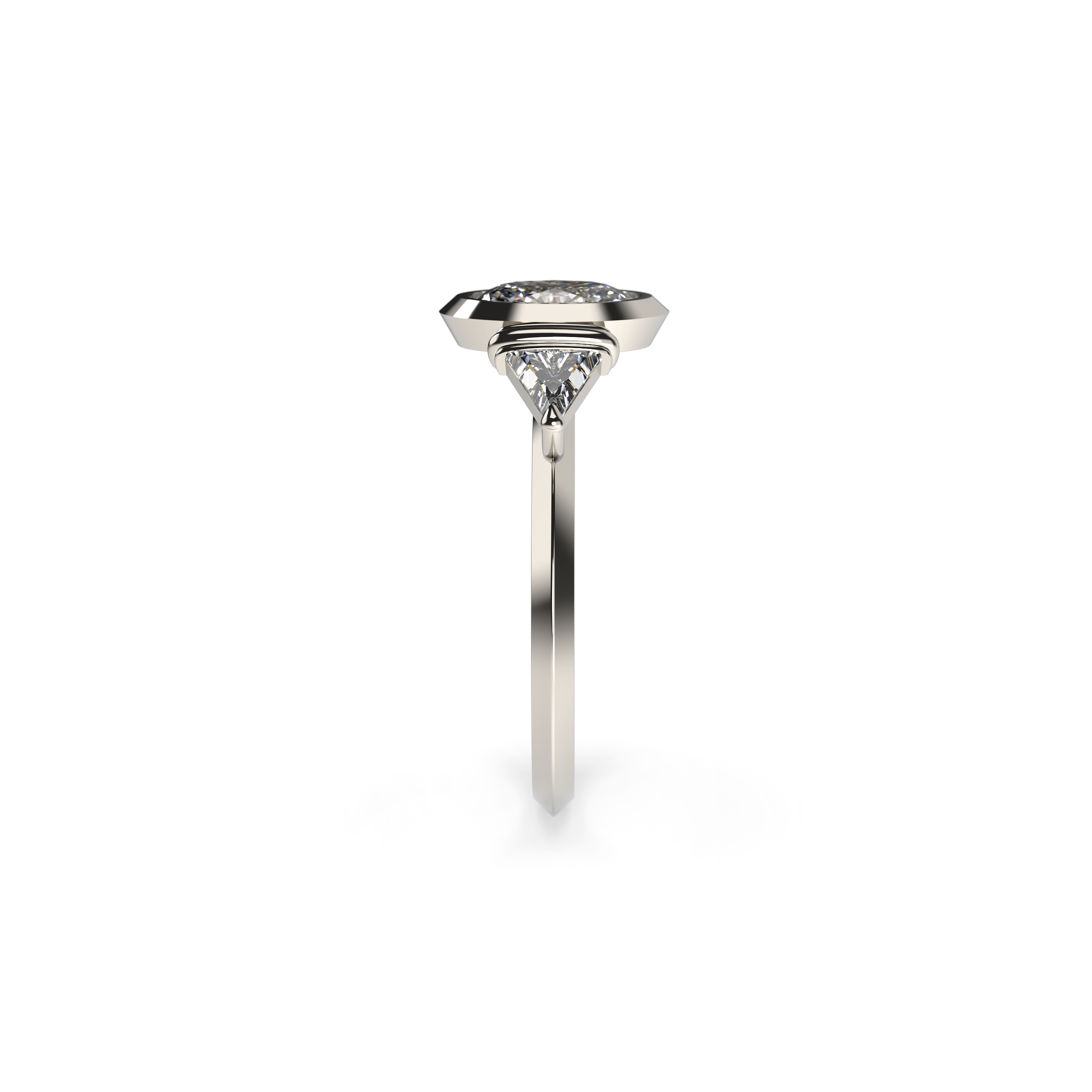 Oval Bezel-Set Diamond Engagement Ring with Trillion Side Stones and Knife-Edge Band