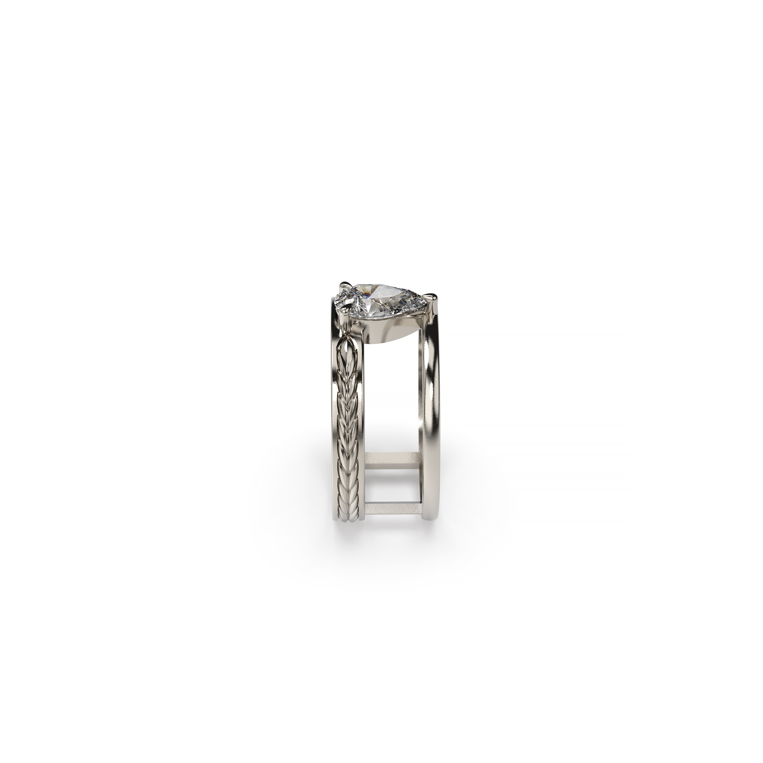 Modern solitaire ring with lab-grown or natural pear-cut diamond and sculptural wheat band in gold or platinum