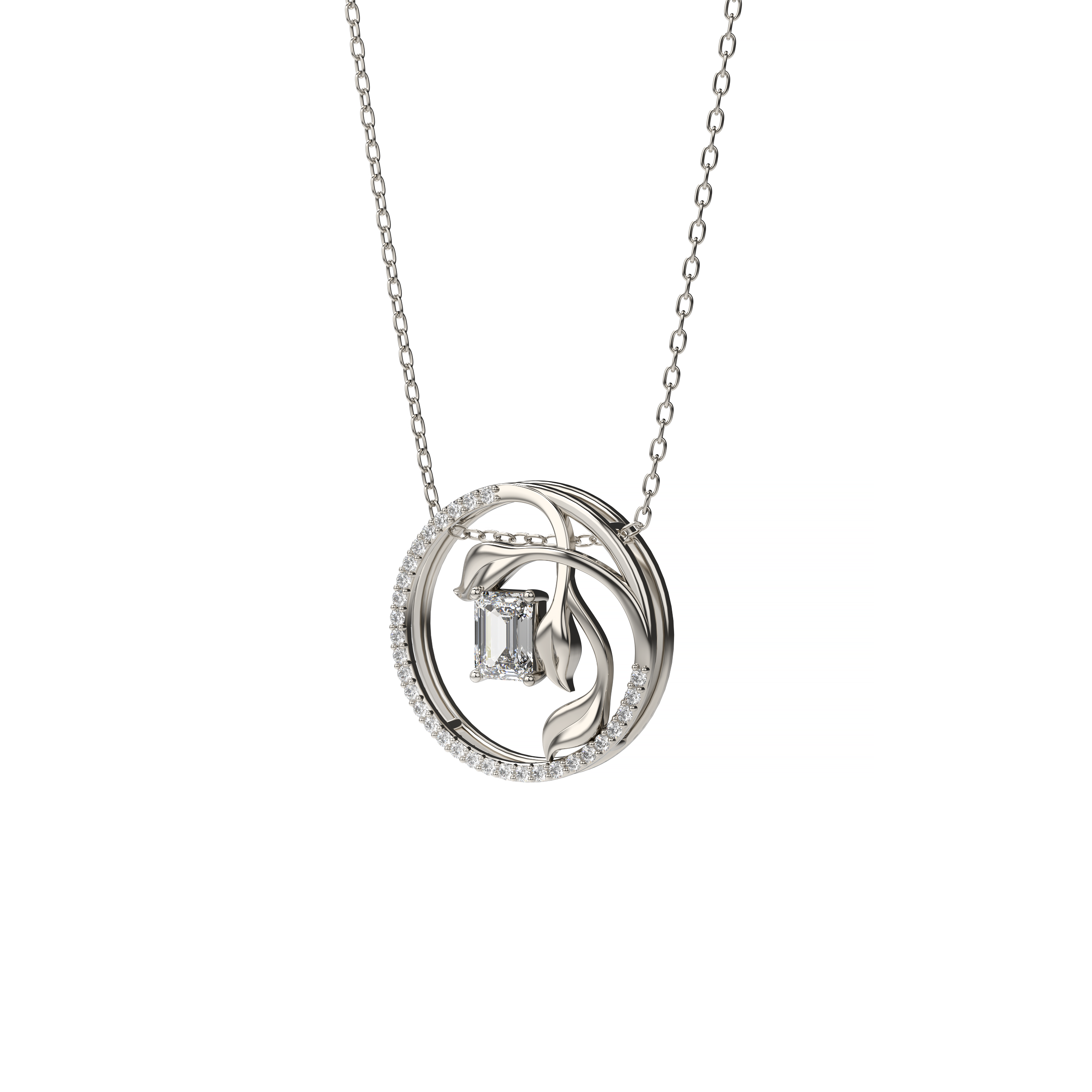 Emerald-Cut Diamond Pendant with Leaf Motif