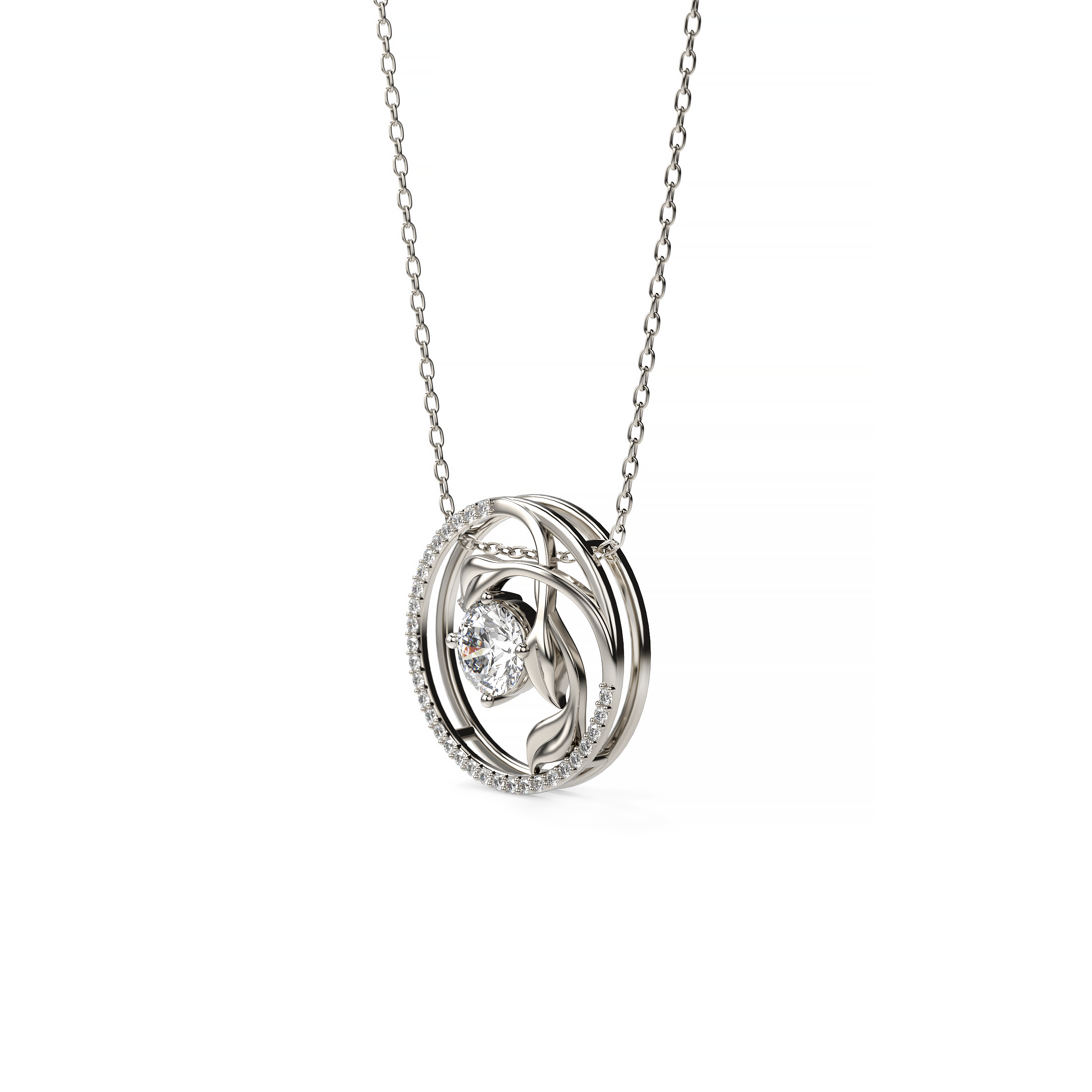 Round-Cut Diamond Pendant with Leaf Motif