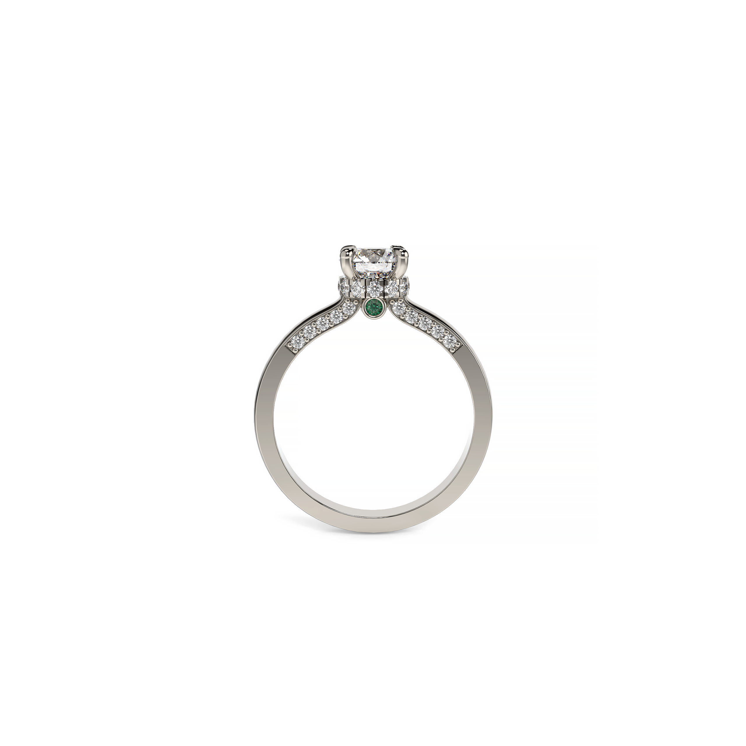Round Diamond Engagement Ring with Hidden Diamond Halo and Accent Emeralds