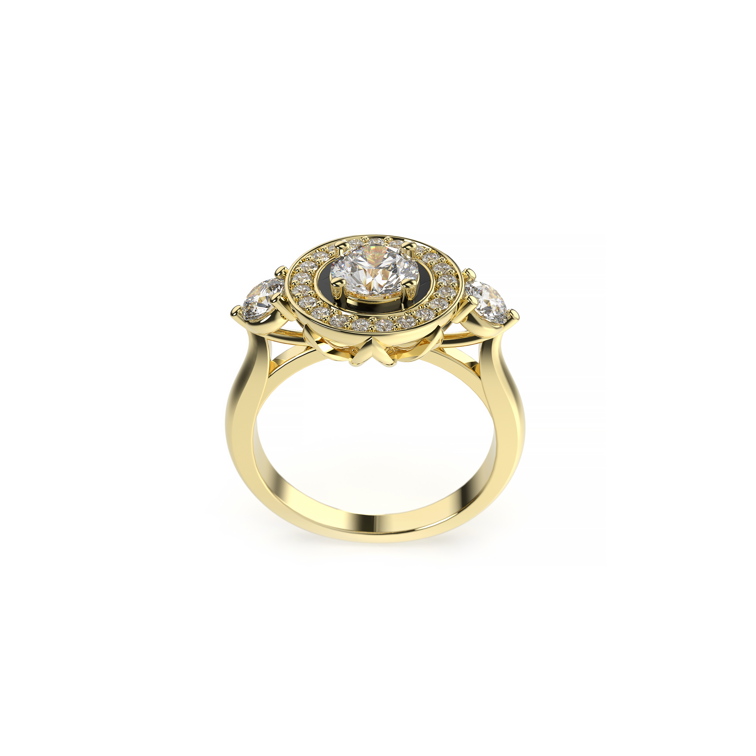 Gold ring with a central diamond and smaller diamonds on a white background