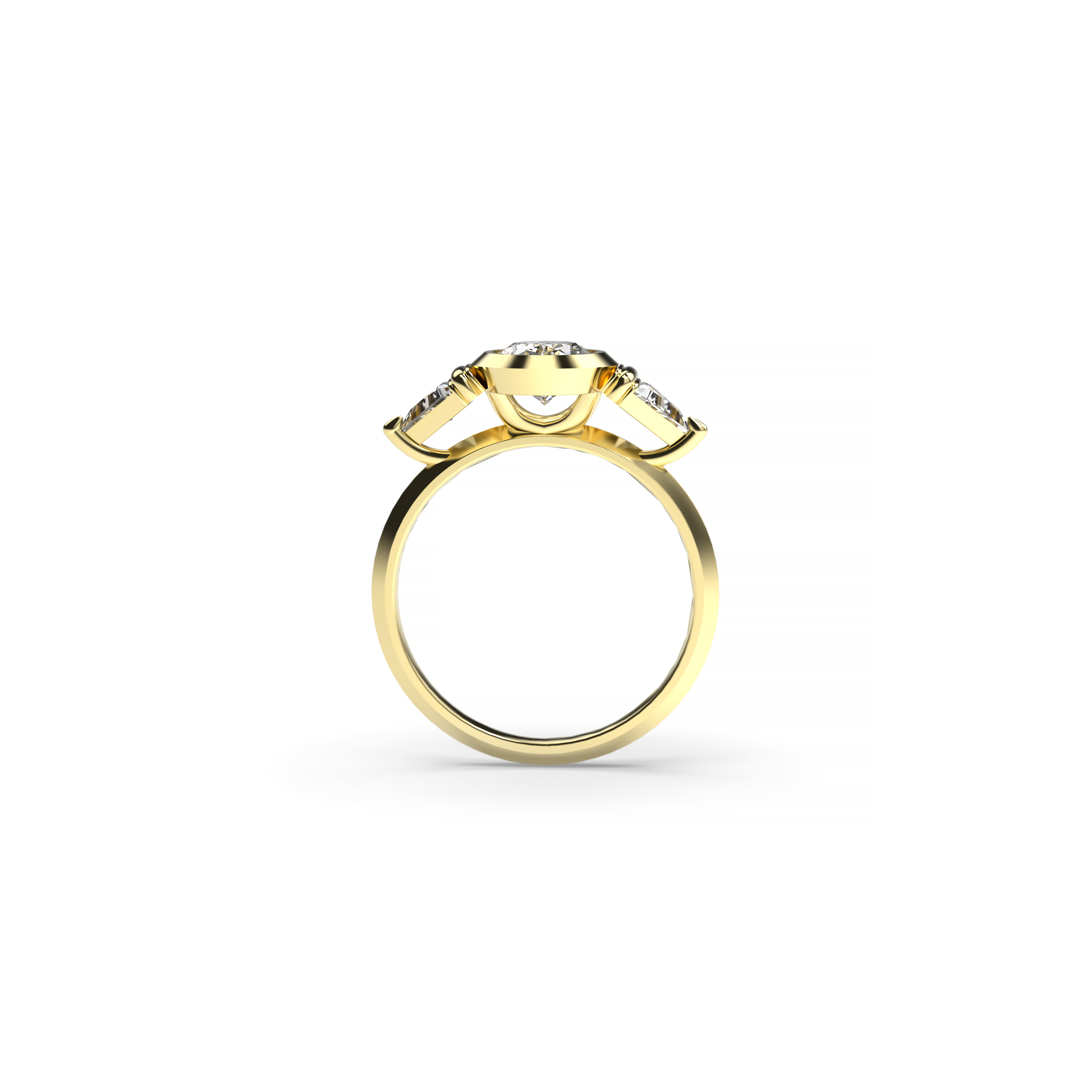 Three-stone engagement ring featuring an oval bezel-set diamond center flanked by two pear-shaped diamonds on a yellow gold band, front view