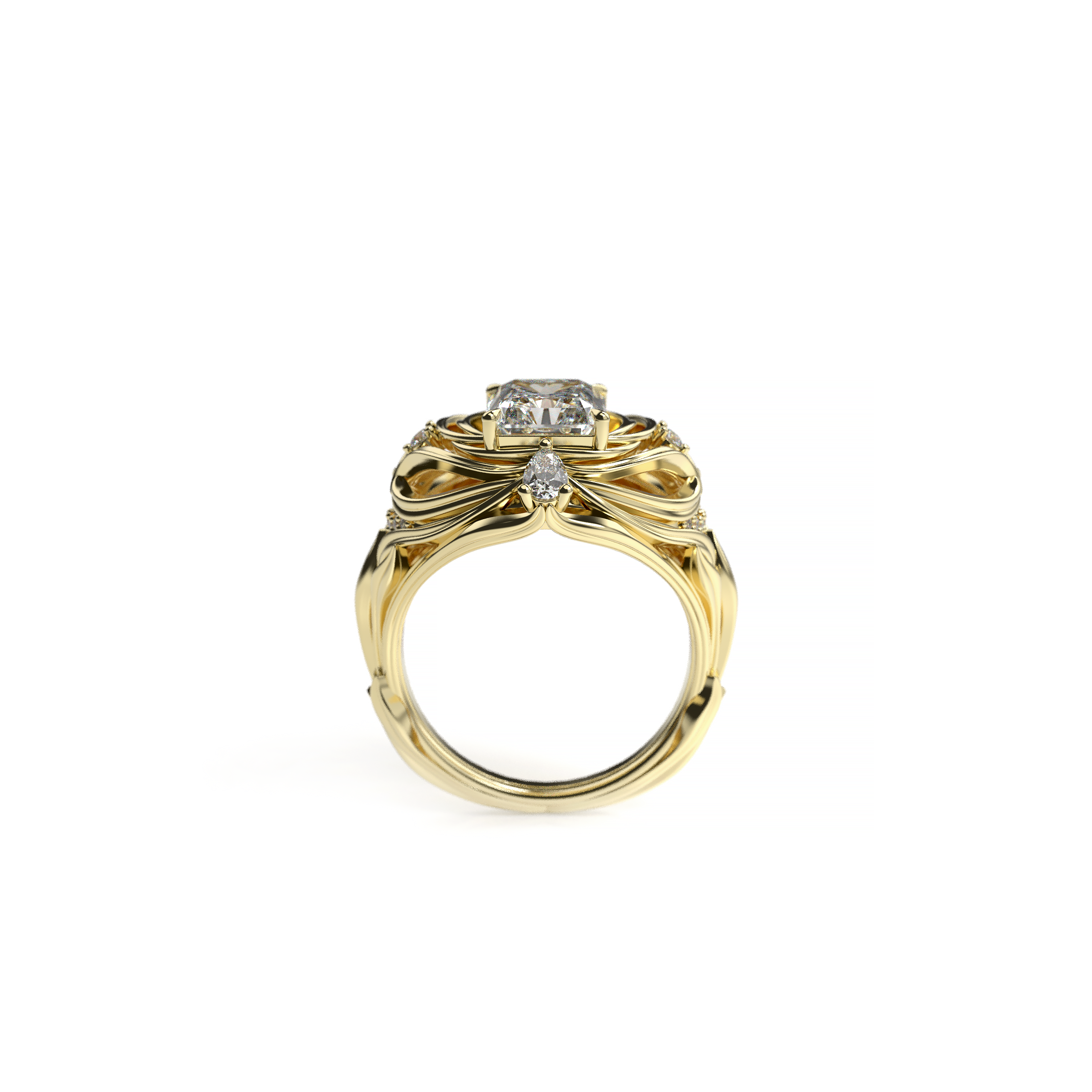 2ct radiant cut diamond ring with pear-shaped and round accent diamonds, sculptural leaf-inspired band  front view