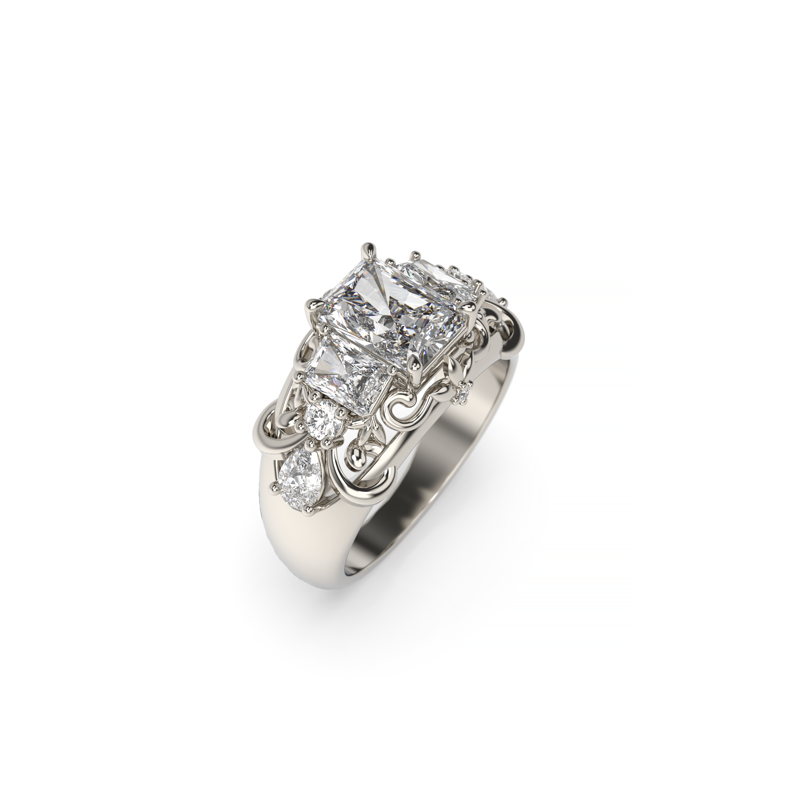 Side three-quarter view of a vintage-inspired three-stone radiant-cut diamond ring with filigree scrollwork and accent diamonds in white gold on a white background