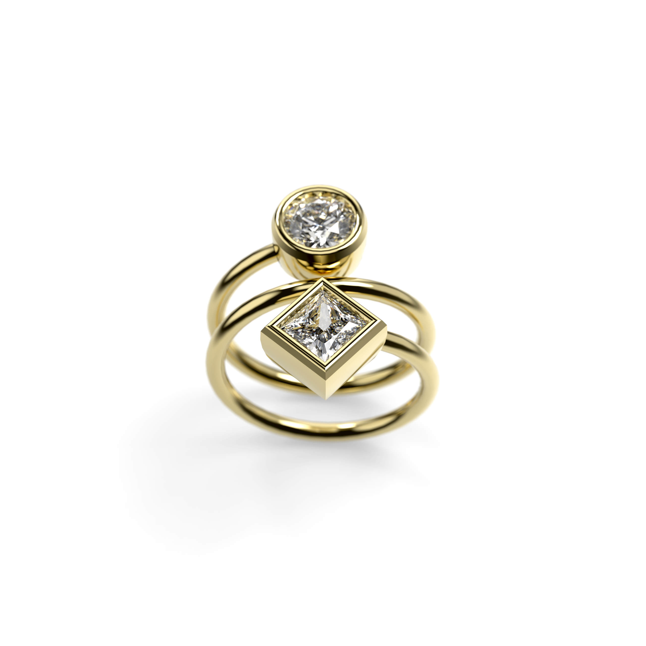 Spiral Two-Diamond Ring with Round and Princess-Cut Diamonds