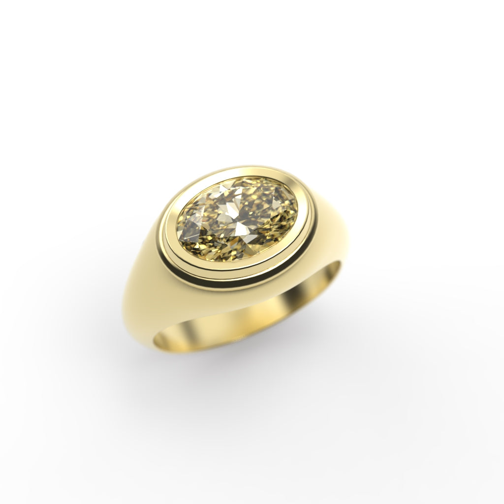 Angled view of an oval yellow diamond signet ring with rounded shoulders