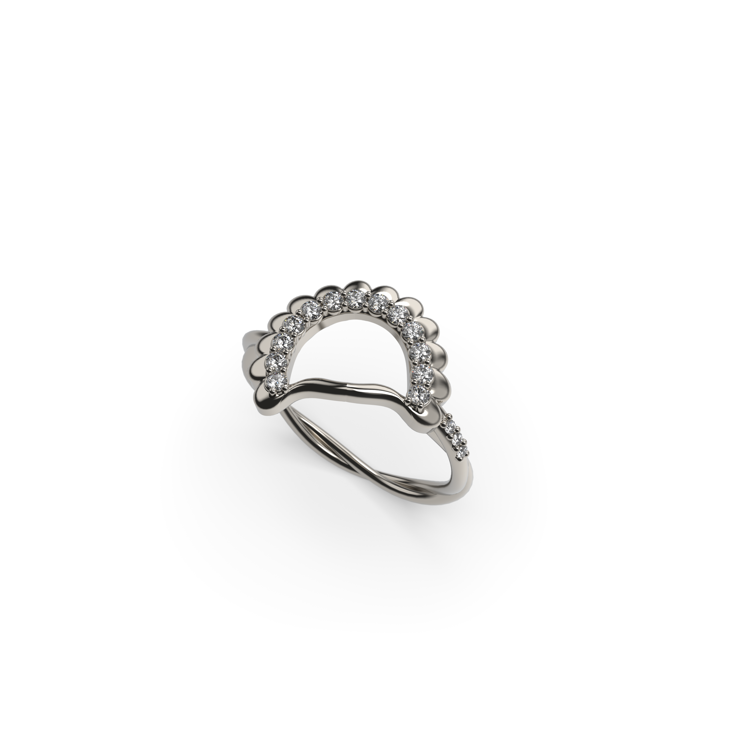 White gold Pierogie ring with round diamonds and twisted shank perspective view