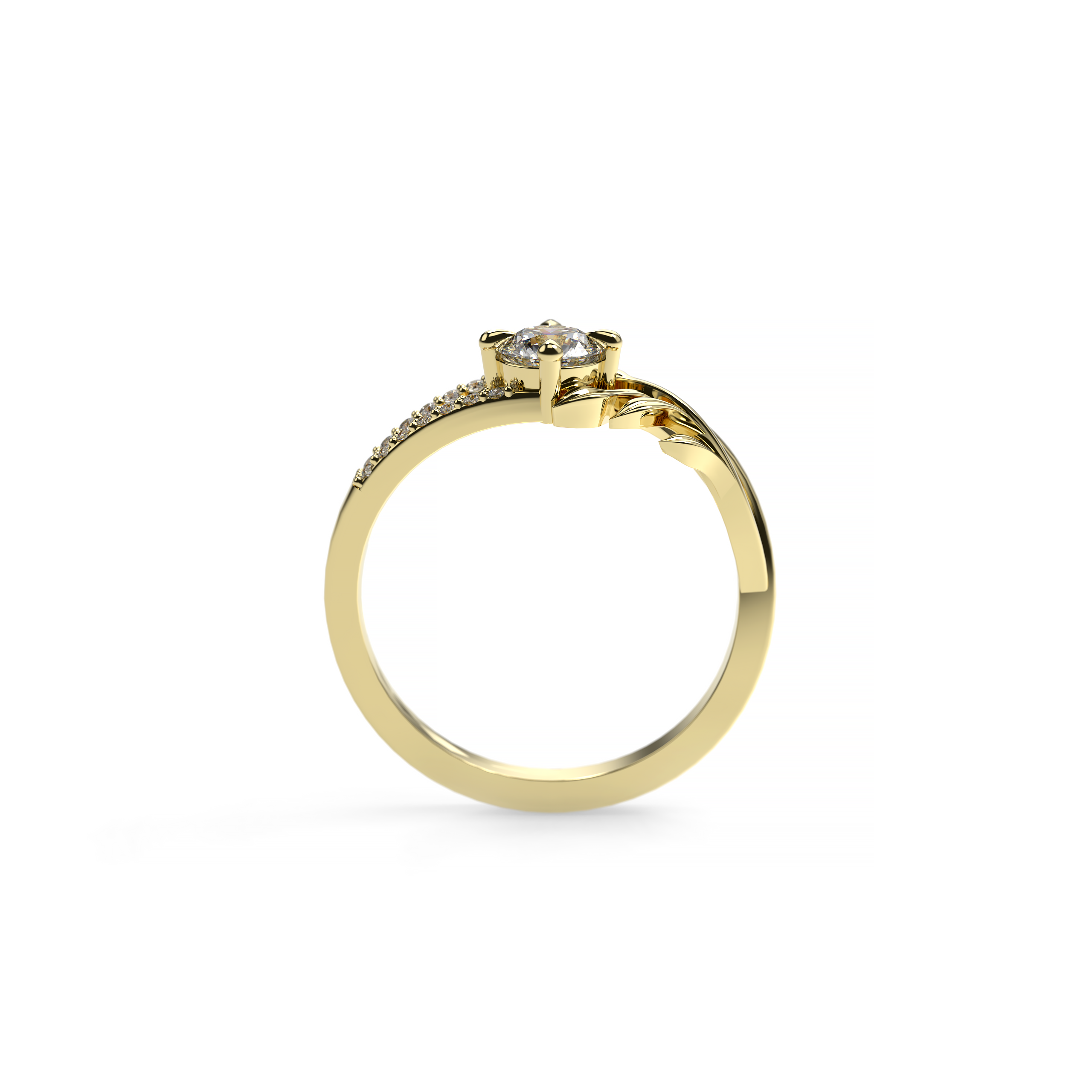 Round diamond ring in 18K yellow gold with sculpted leaf band and pavé accents – front view