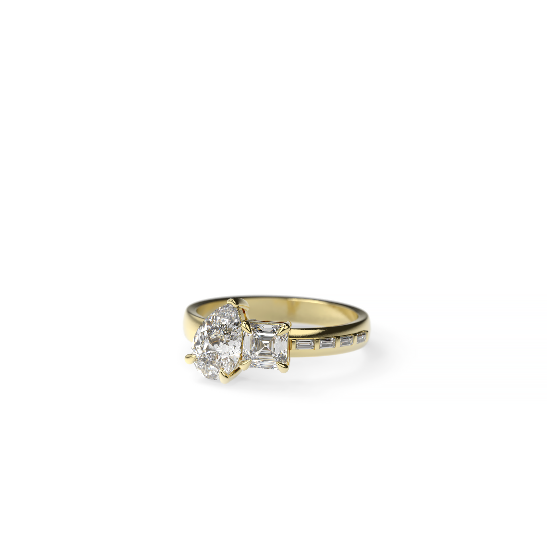 Pear-shaped and Asscher diamond engagement ring in yellow gold, centered top view