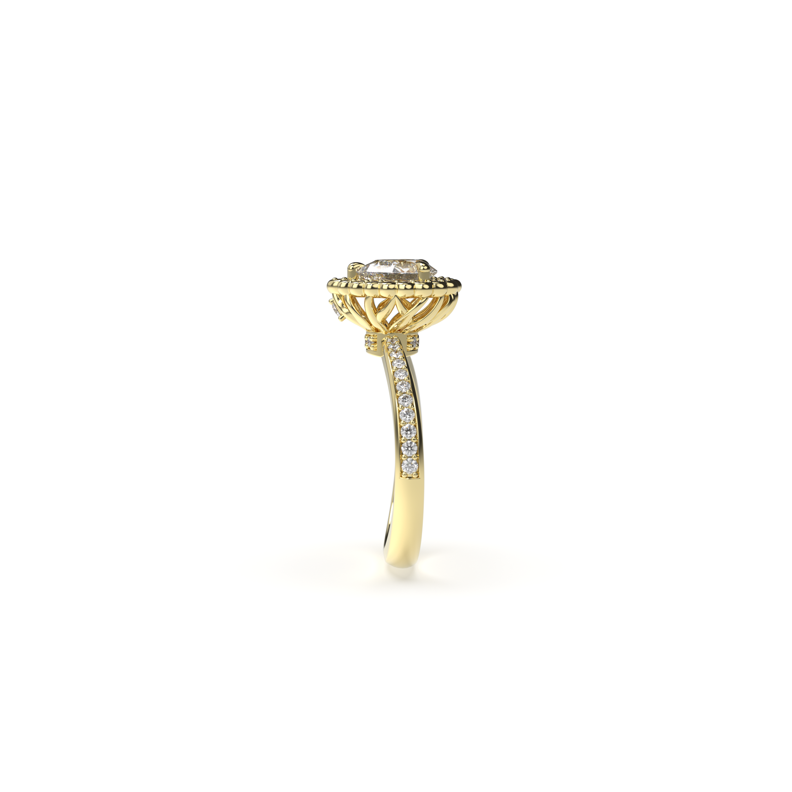 Pear-shaped diamond engagement yellow gold ring with halo and pavé band, shown in a side view